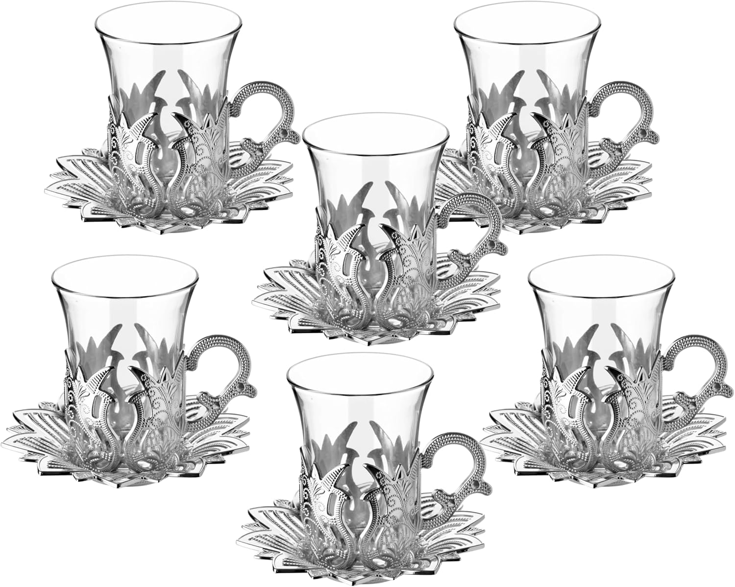 Alisveristime Turkish Tea Set for Six, Zamac Holders with Glass Cups, and Zamac Saucers - 6-Piece Elegant Serving Set (Ahsen) (Silver) - Image 2