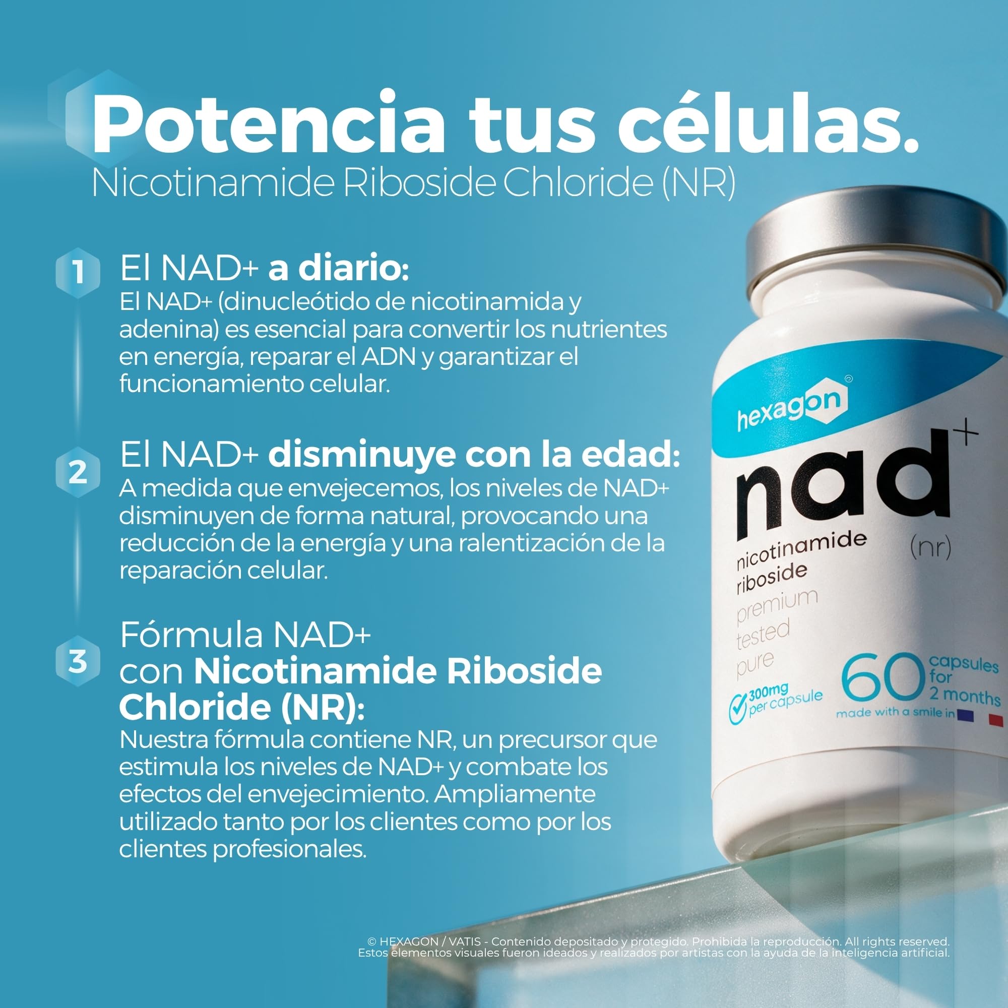 NAD+ Nicotinamide Riboside Chloride 300mg - +2 Meses de Cura - Contra la Edad y la Fatiga, NAD Booster - Polvo Puro, 60 Cápsulas - Grado Farmacéutico - Vegano - Hexagon (Paquete de 2)