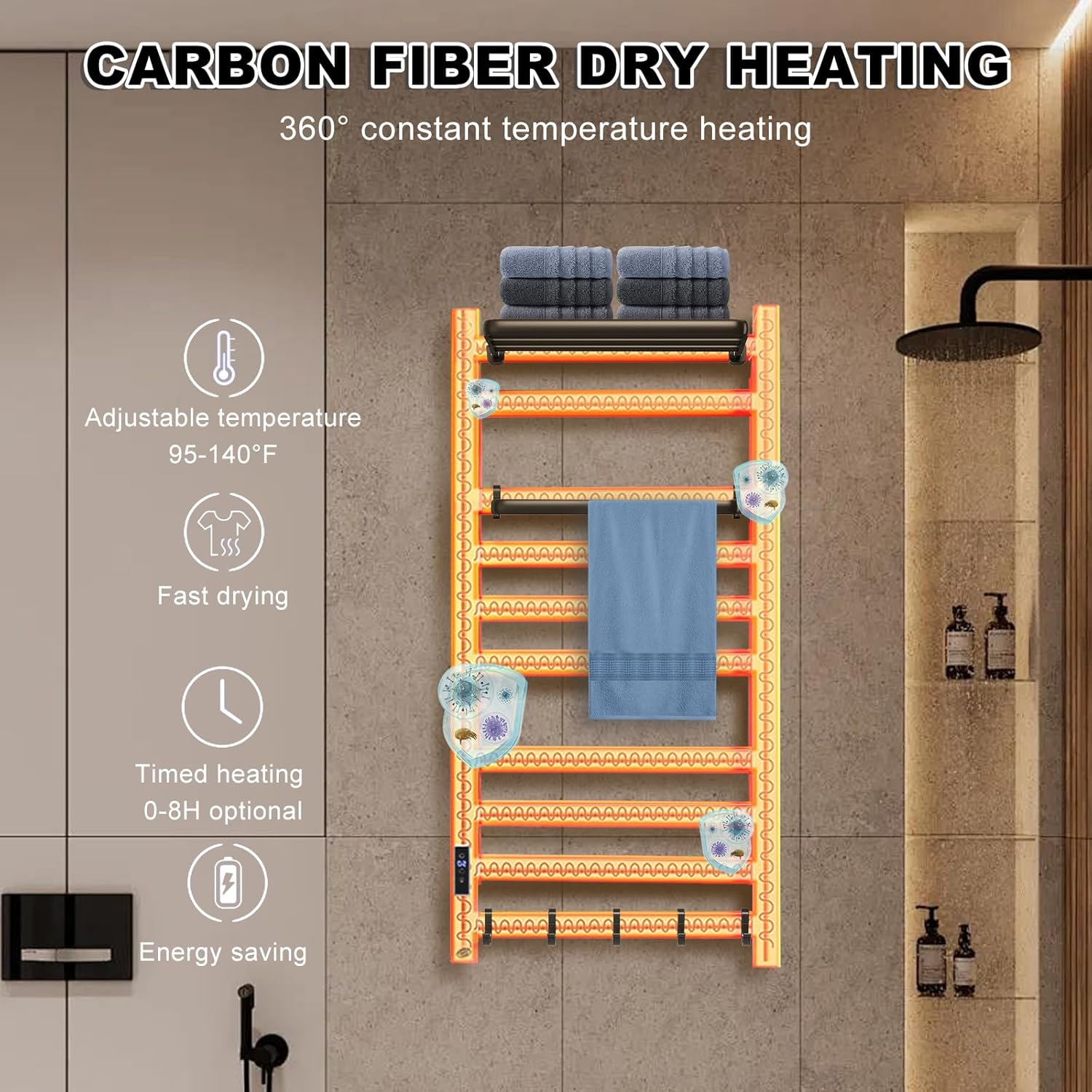 Heated Towel Warmer Rack for Bathroom, Wall Mounted Electric Towel Heater with 24H Timer and Temperature Control, Stainless Steel, Plug-in, Matte black