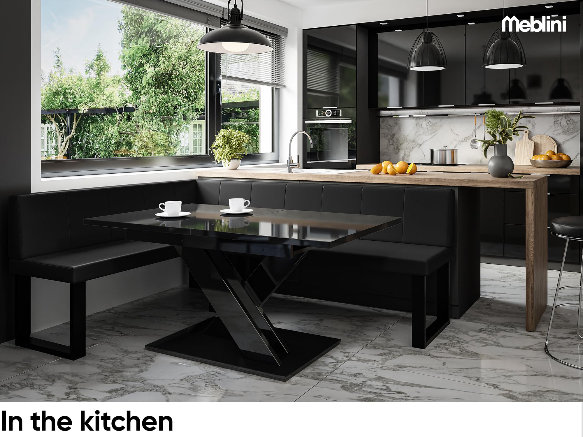 MEBLINI Eckbank für Esszimmer mit ausziehbarem Tisch - Küchenbank - Essecke - Sitzecke Küche - Peter - U-Beine 142x196x87cm Links - Schwarz Kunstleder/B Weiß Matt