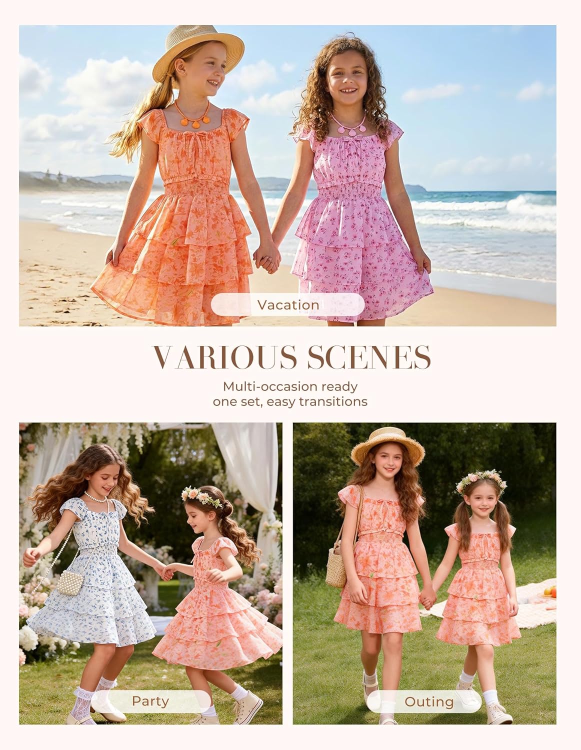 GRACE KARIN Girls Spring Summer Floral Dress Teen Ruffle Smocked 3 Layerr Dresses Kids Cute Boho Easter Clothes Size 7-14