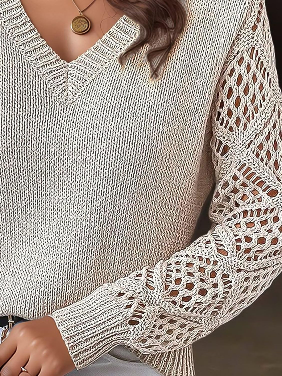 Flamingals V Neck Sweaters for Women Long Sleeve Hollow Out 2025 Fashion Casual Pullover Sweater Tops - Image 5