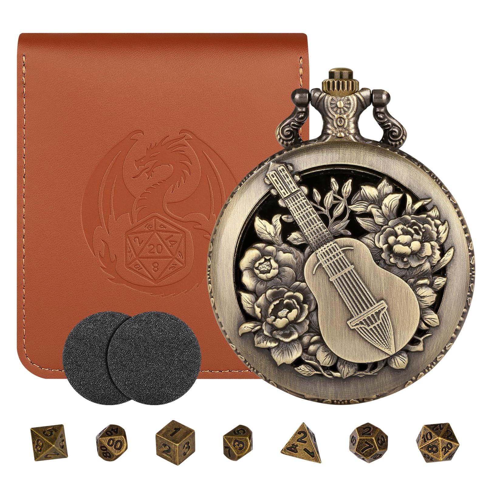 Bronze Mini DND Dice Set with Hollow Bard Pocket Watch Shell Case, Steampunk DND Gifts with Dice Bag, 7pcs Polyhedral Metal Dice Set, D&D Starter Set, Role Playing Board Games Accessories, Bard Gift