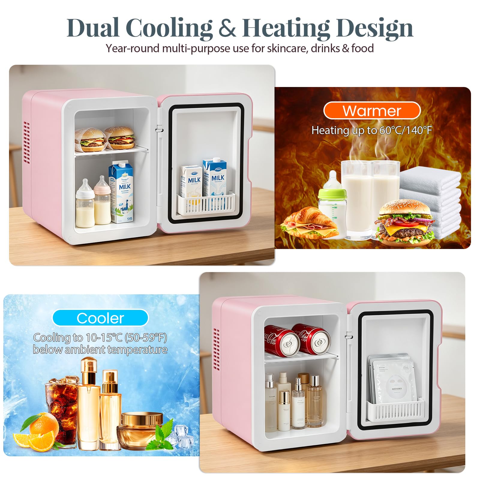 Mini frigorifero da 5 l/6 lattine, LED con funzione di regolazione a 3 livelli, 220 V CA/12 V DC, funzione di raffreddamento e riscaldamento, silenzioso, piccolo frigorifero per stanza