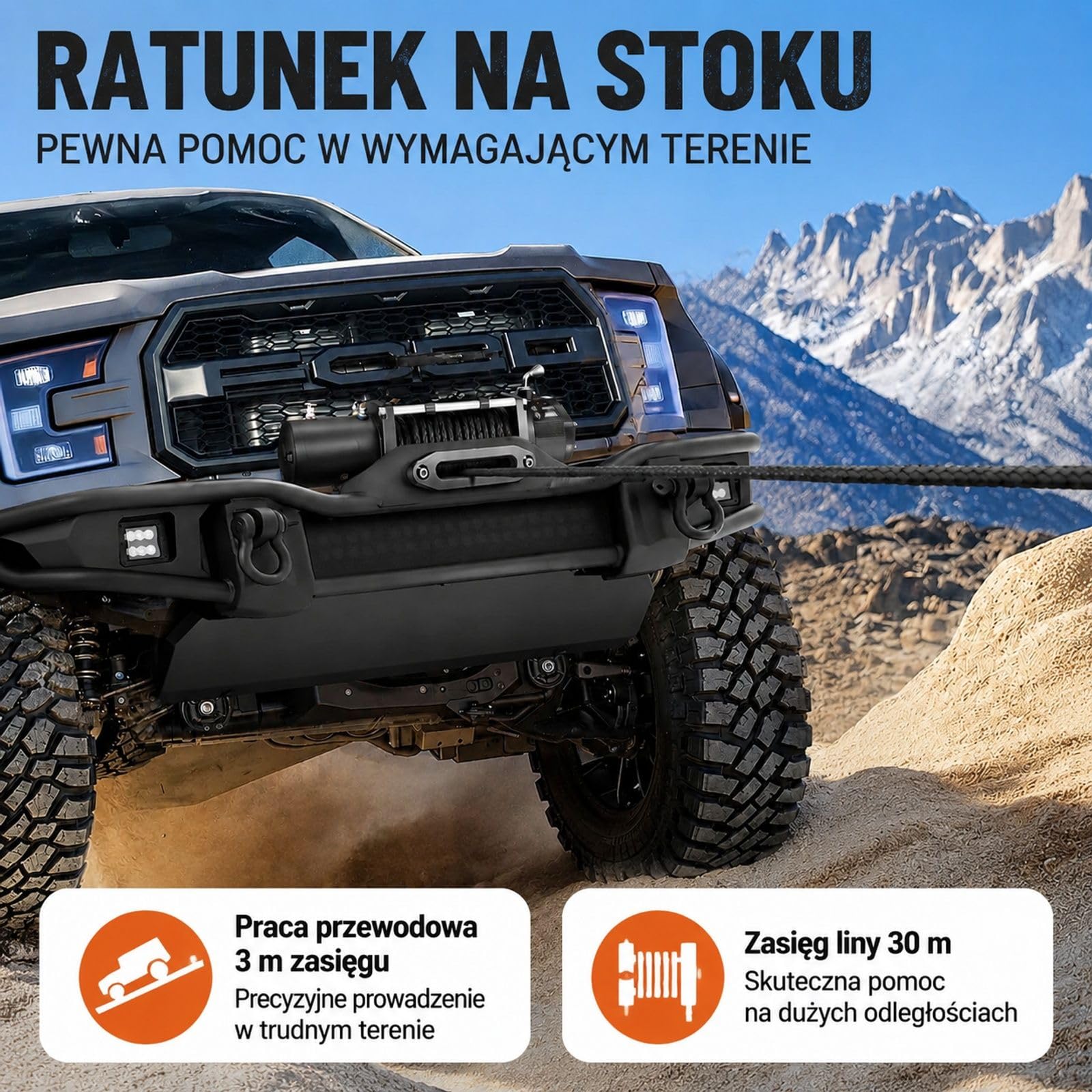 Wyciągarka elektryczna 6100 kg 12 V DC z liną syntetyczną i hakiem widełkowym do pojazdów terenowych, jeepów, przyczep, łodzi