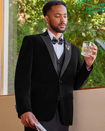 MAGE MALE Mens Velvet Suits 3 Piece Slim Fit Peak Lapel Tuxedo Suit Set