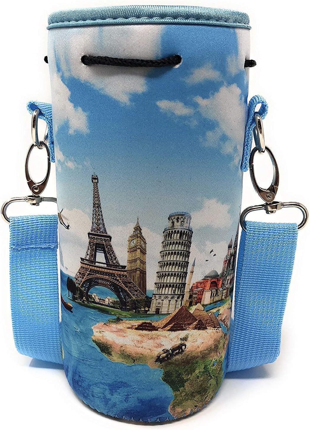 Made Easy Kit Neoprene Water Bottle Carrier Holder with Adjustable Shoulder Strap for Insulating & Carrying Water Container Canteen Flask Available in 5 Sizes (7 Wonders, L (32oz / 1.5L))