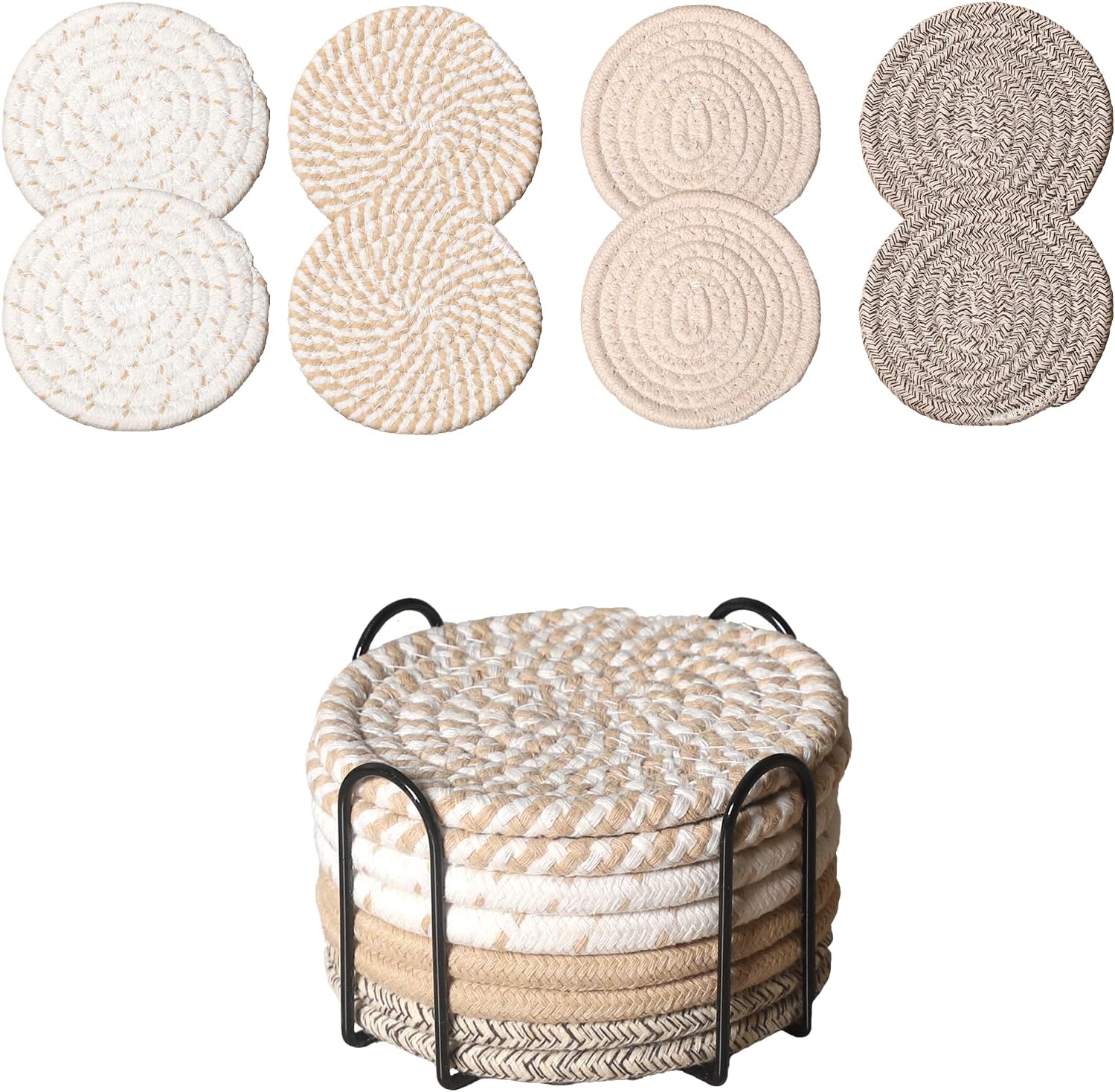 Drink Coasters Set of 8 with Holder – Cotton Woven Absorbent Coasters, 4 Colors for Coffee, Beer, Drinks & Tabletop Protection
