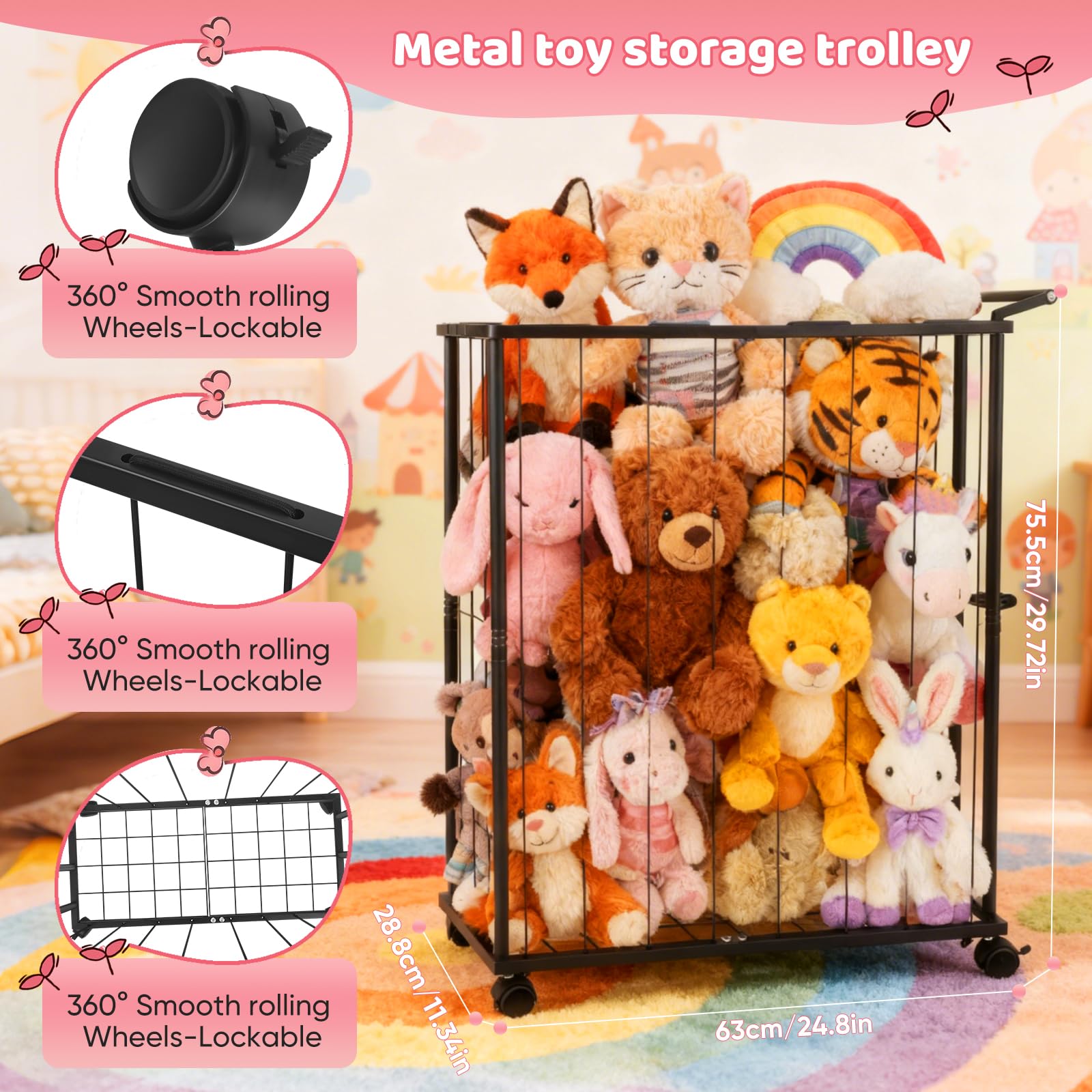 Rangement Mobile pour Peluches en Métal Noir, Organisateur de Jouets avec Cordes Élastiques, 83.6 x 65 x 32 cm, Zoo à roulettes pour Chambre d'enfant