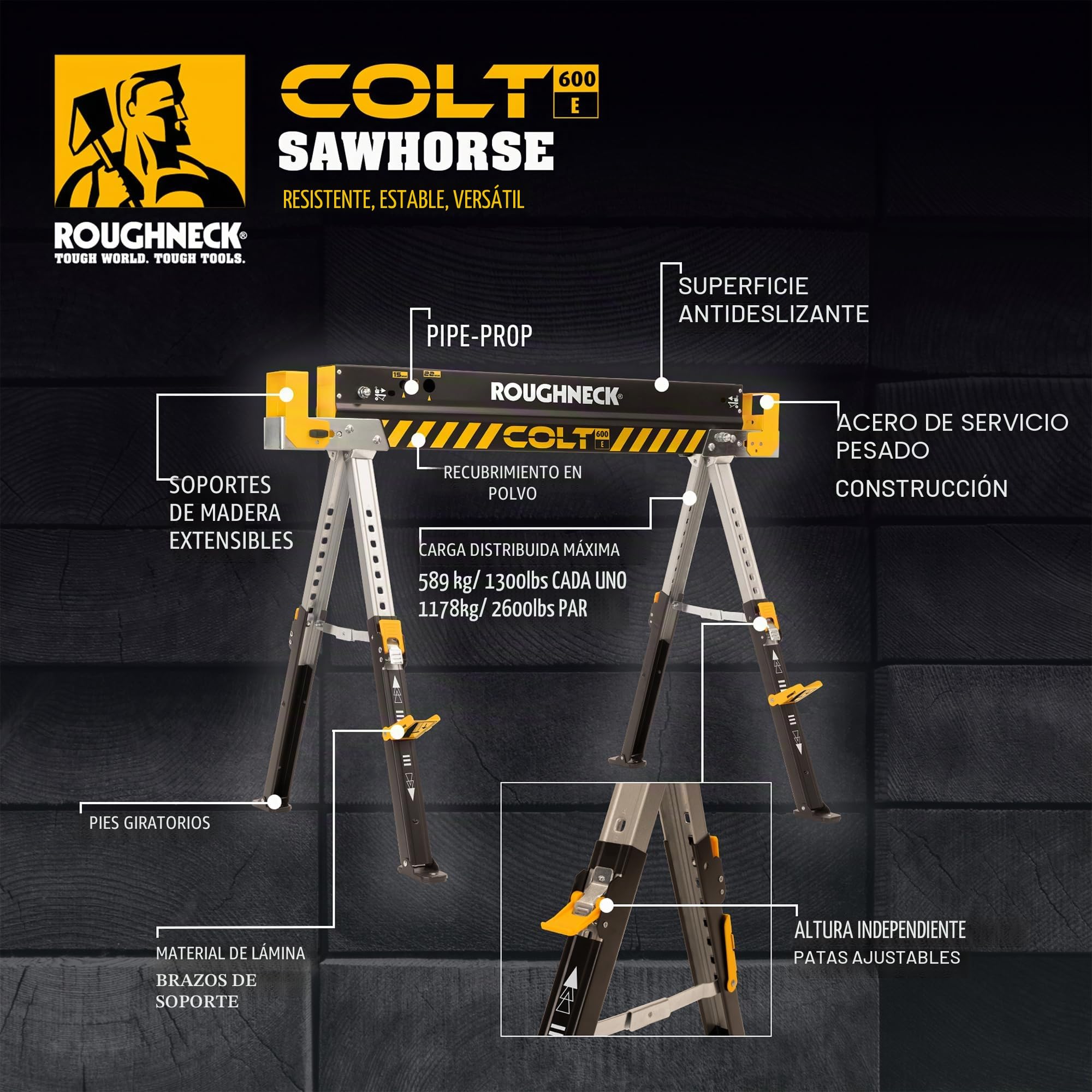ROUGHNECK® Colt 600E Chevalet de sciage en acier très résistant Capacité de charge 589 kg avec pieds réglables en hauteur pour le travail du bois et la construction