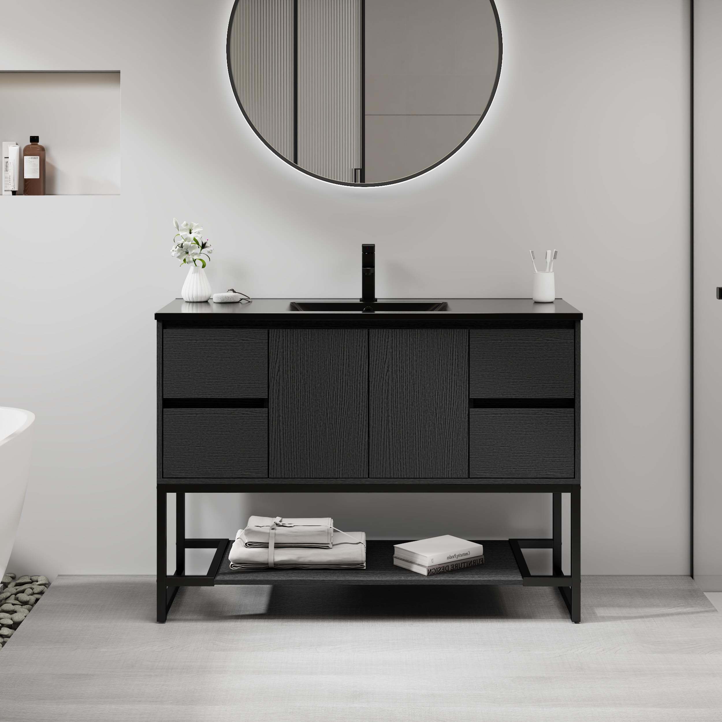 LUCKWIND 48 inch modern black bathroom vanity with metal frame