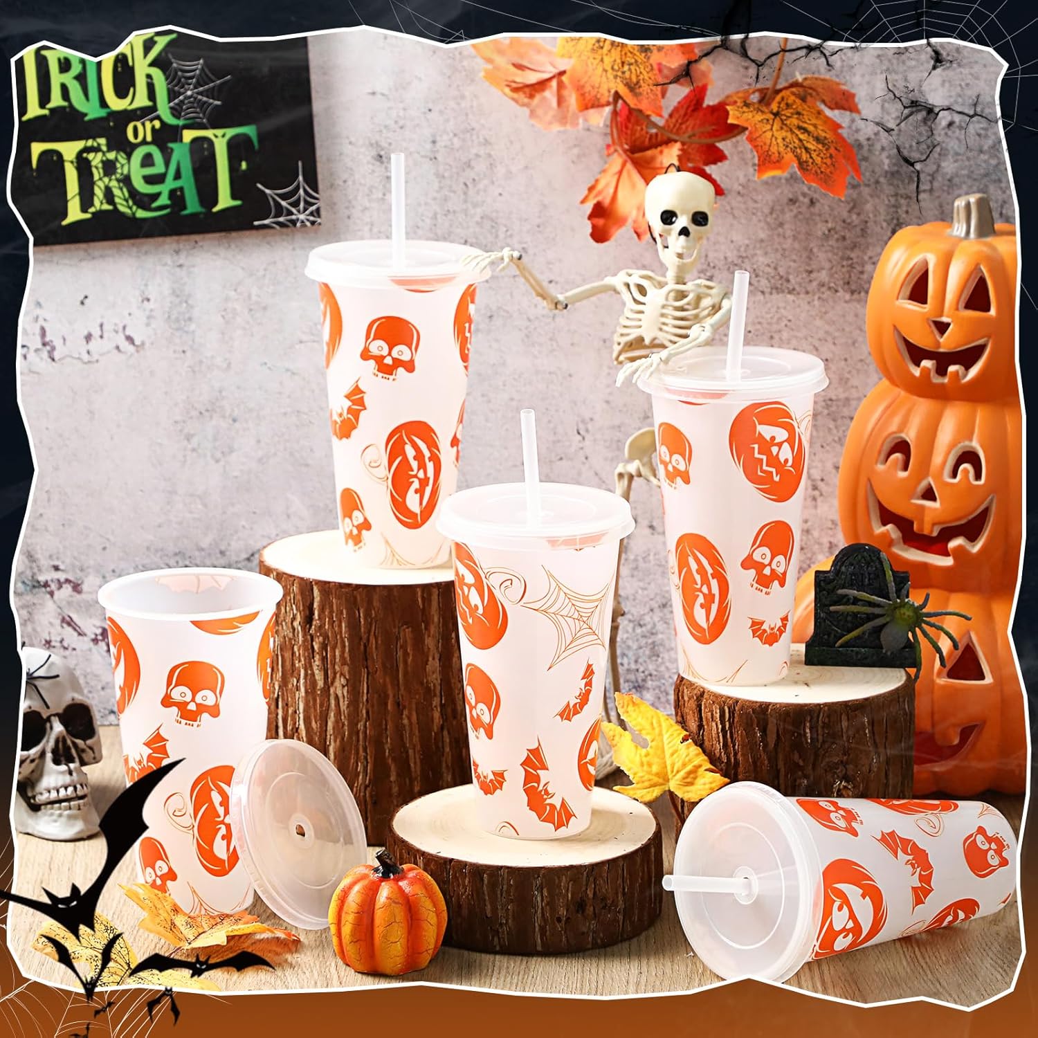 LemonRoad 12 Pcs 24 oz Glow in The Dark Cups Halloween Tumbler with Lid and Straw Plastic Reusable Glowing Tumblers Bulk for Coffee Tea Cold Drinks Party Favors Supplies - Image 3