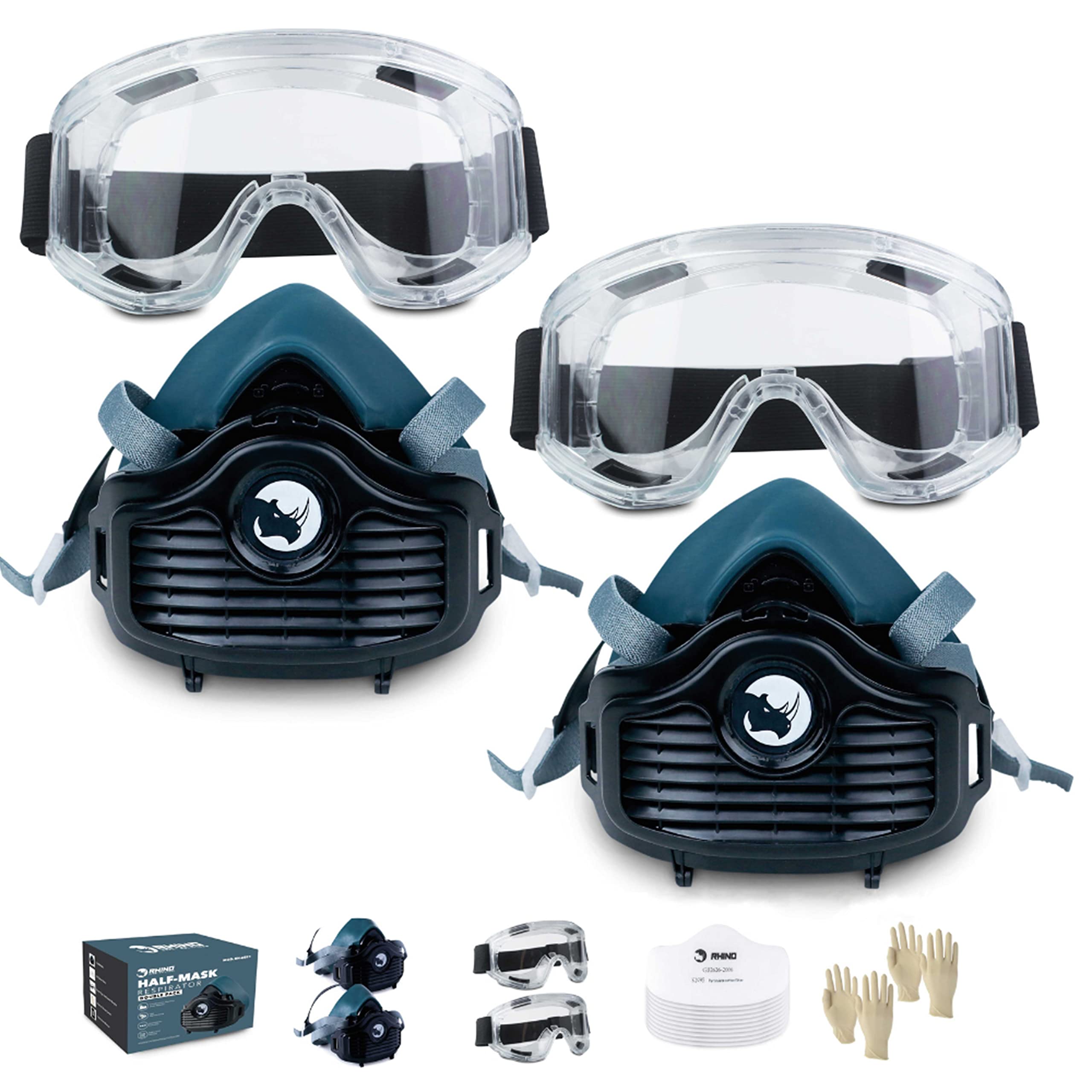 Paint Mask Respirator (Half Face Reusable Cover) RHINO RH-6021 (Double Pack) for Dust, Smoke, Polishing, Sanding and Other Housework | Includes Security Goggles, Gloves and Replacement Filters
