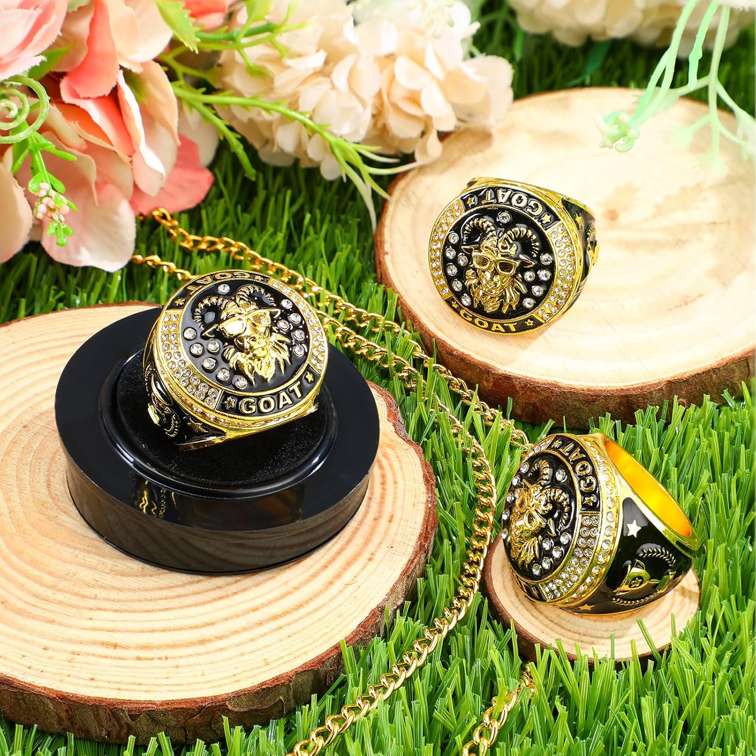 Highergo Goat Championship Trophy Ring with Display Neck Chain and Stand Goat Medal Award Gift Greatest of All Time for Tournament or League Champion Winner Sports Award