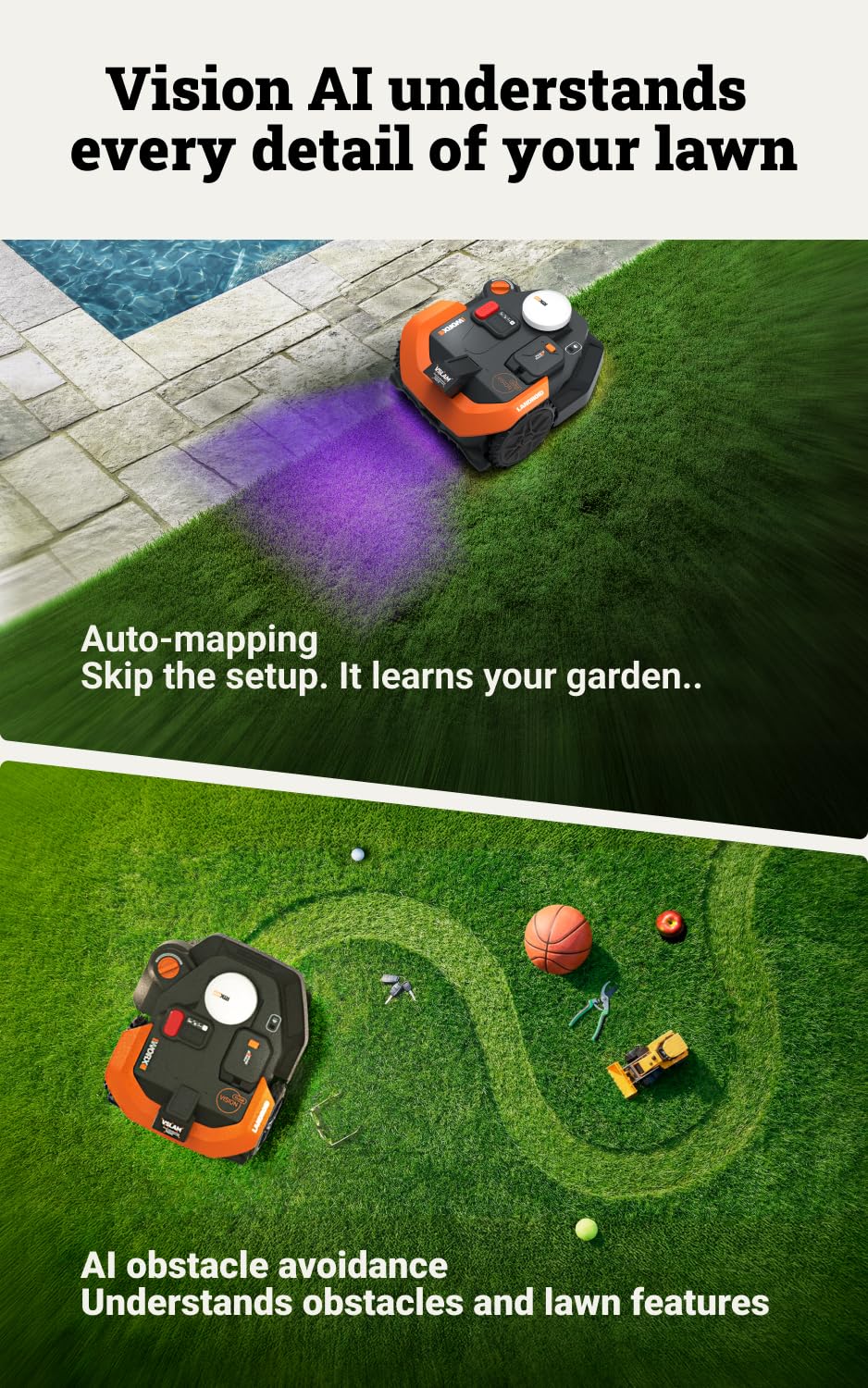 Worx Landroid Vision Cloud WR318E 2WD Robot cortacésped sin Cable límite para 1800 m² con módulo Cut to Zero (detección de obstáculos AI, navegación en la Nube VSLAM+ RTK, mapeo automático, Control