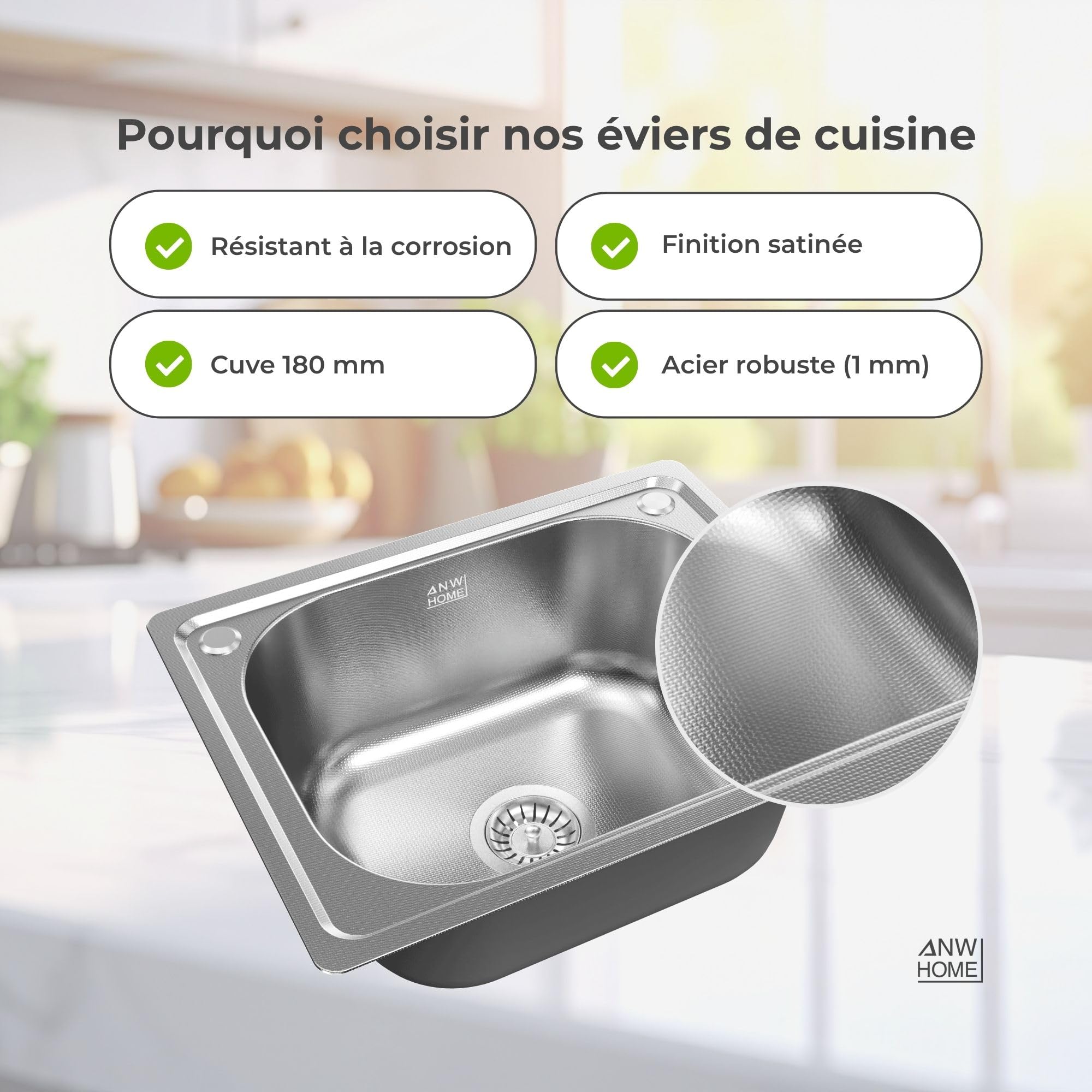 ANW HOME Evier Cuisine 50x40 cm, Evier Inox 1 Bac à Encastrer, Finition Anti-Rayures, Épaisseur 1 mm, avec Siphon