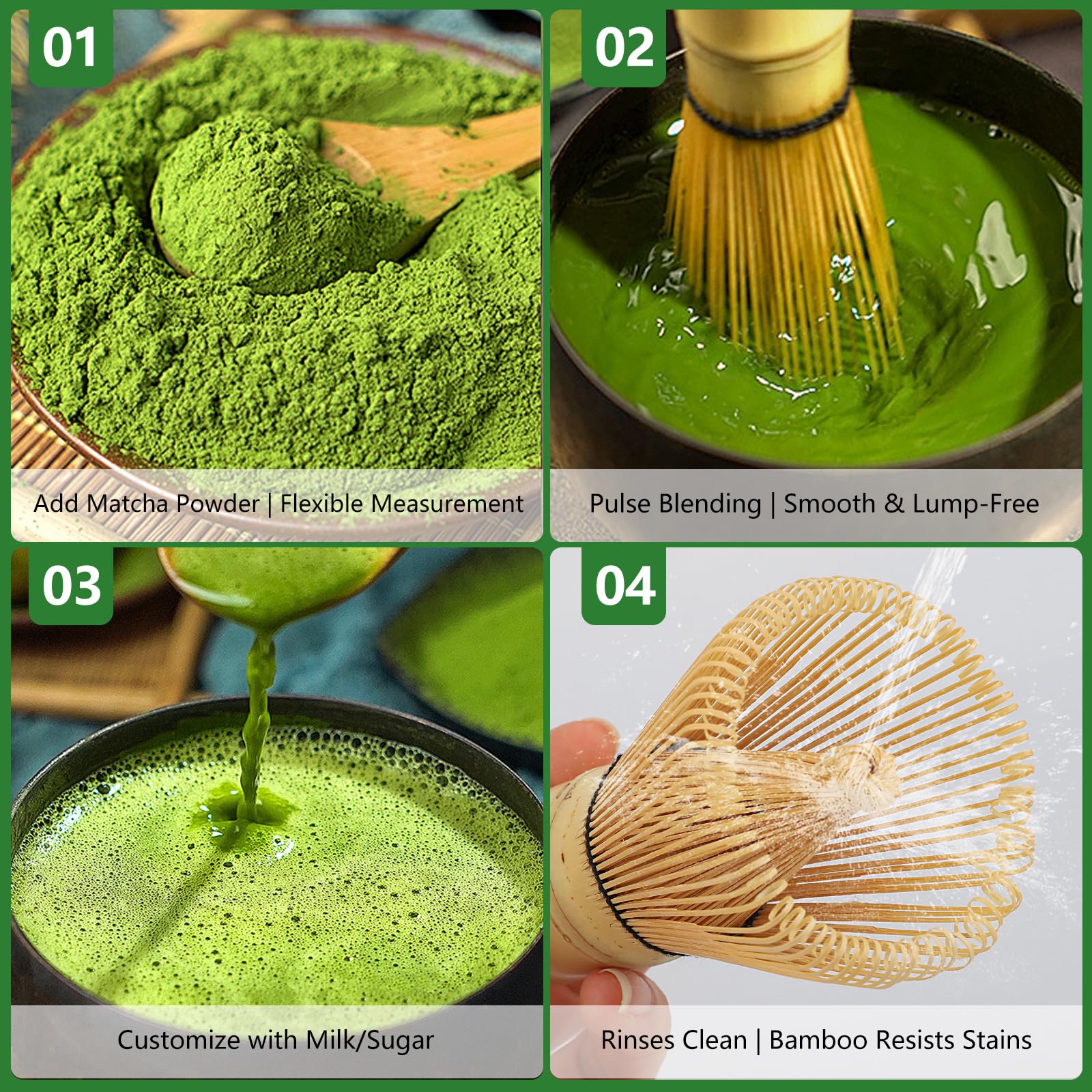 Macha Tea czarny – zestaw 4 sztuk miotełmatcha, miotła do matcha z 80 zębami, bambusowa miotła, ceremonia parzenia herbaty, prezent