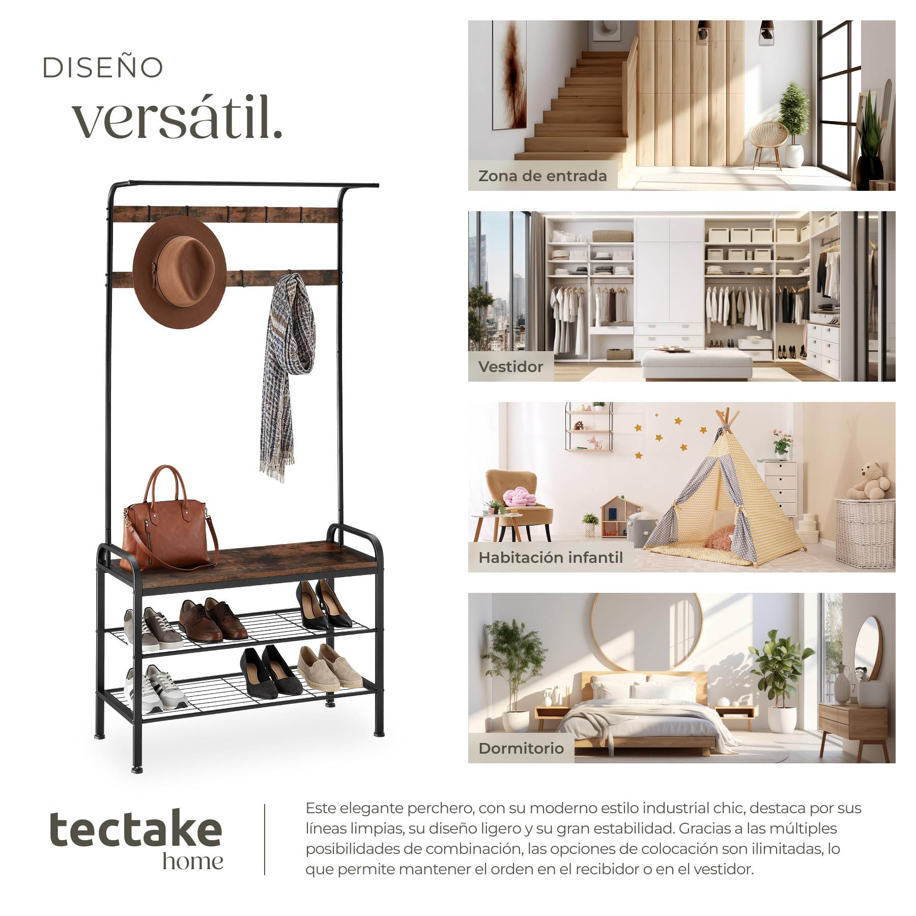 tectake® Perchero Entrada Recibidor, Banco de Madera, Colgador de Ropa, Barra Perchero, Zapatero con Perchero, Dos Estantes, Mueble Zapatero - 85,5 x 36 x 184 cm Madera Industrial Oscura, Rústica
