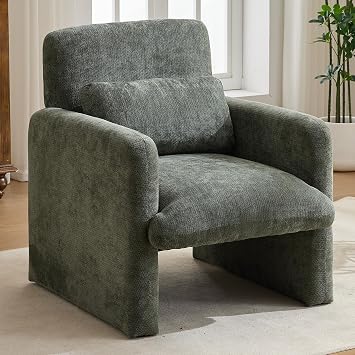 Modern Accent Chair, Contemporary Sculptural Boucle Fabric Armchair, Comfortable Upholstered Single Sofa Chair with Sturdy Base for Living Room, Bedroom, Apartment Square-shaped chair+Antique Green
