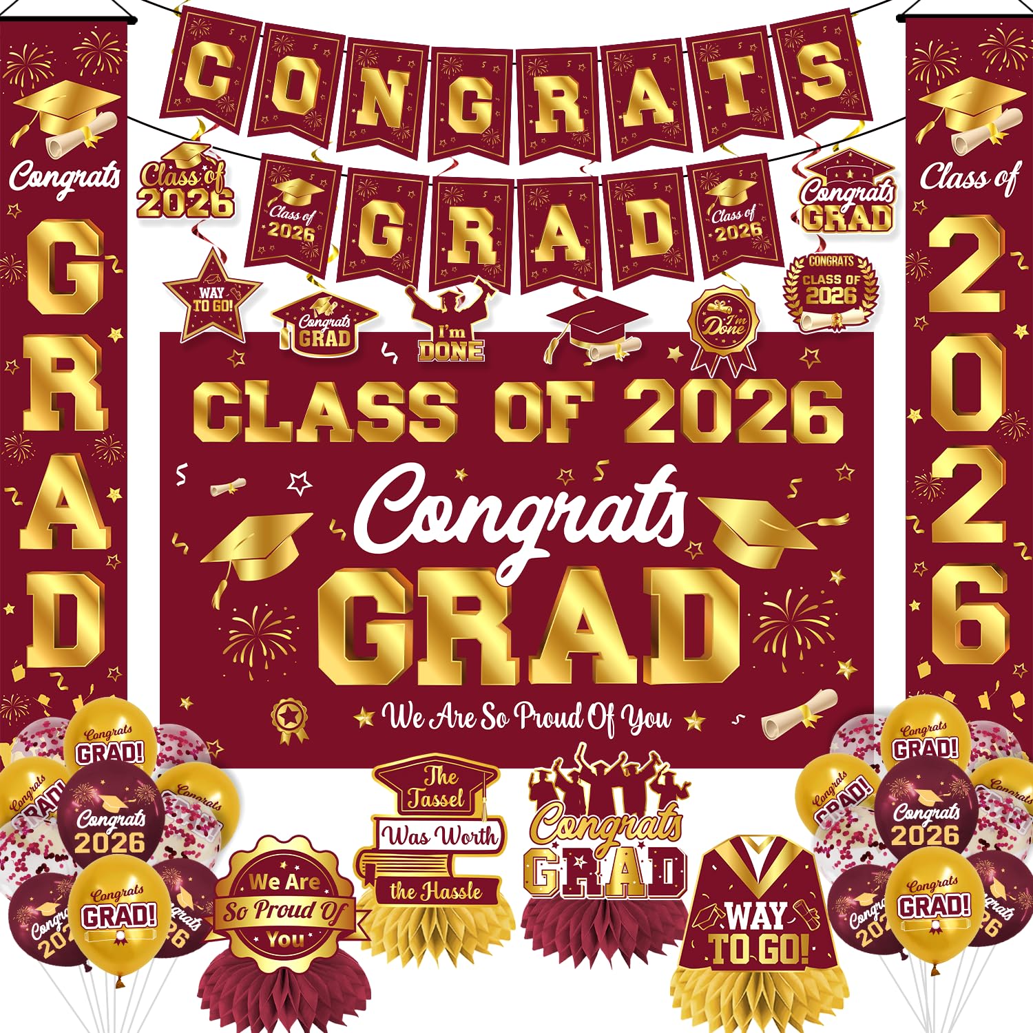 Graduation Decorations 2026 Maroon and Gold Graduation Party Decor Set include Congrats Grad Banner Backdrop Class of 2026 Balloons Party Supplies