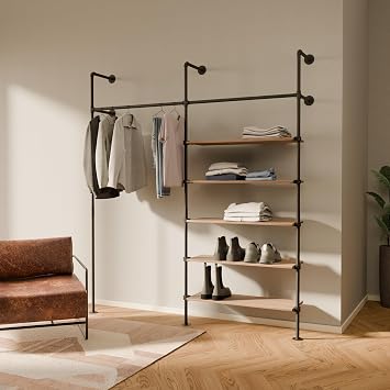 pamo Wall Mounted Clothing Rack with Oak Sheves 79" W 87" H, 529 lbs | 5x Oak Shelves, Heavy Duty Closet Organizer, Powder Coated, Scratch-Resistant, Single Rod, Easy Assembly