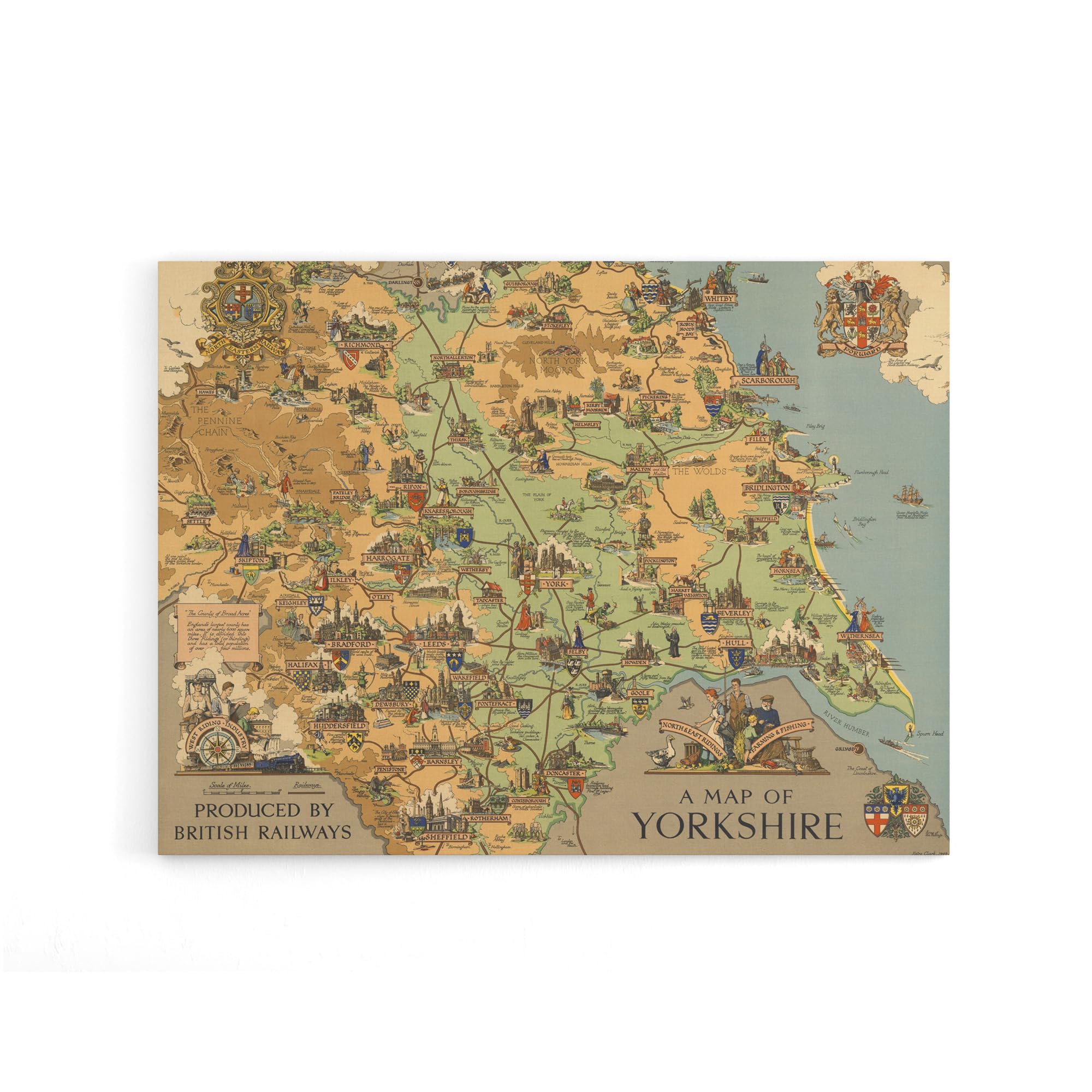 Artery8 Multi Map Clark 1949 Yorkshire Rail England Canvas Wall Art Print 18X24: Vintage Railway Map Print, Nostalgic Decor For Collectors Or Transport Enthusiasts