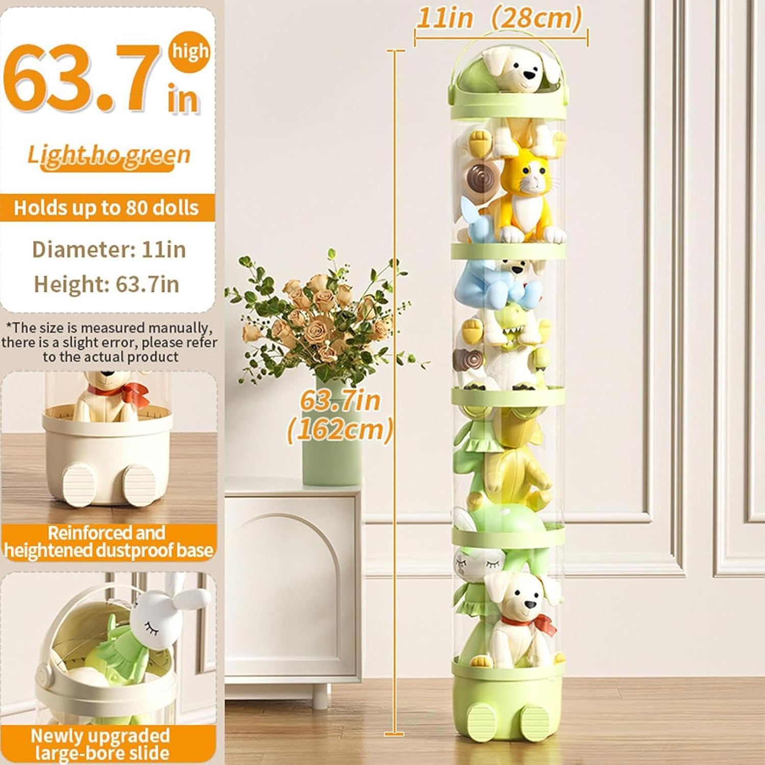 4レイヤーソフトトイストレージチューブ、63.7インチのぬいぐるみの動物収納背の高いバケツ、おもちゃのオーガナイザーのためのクリアな