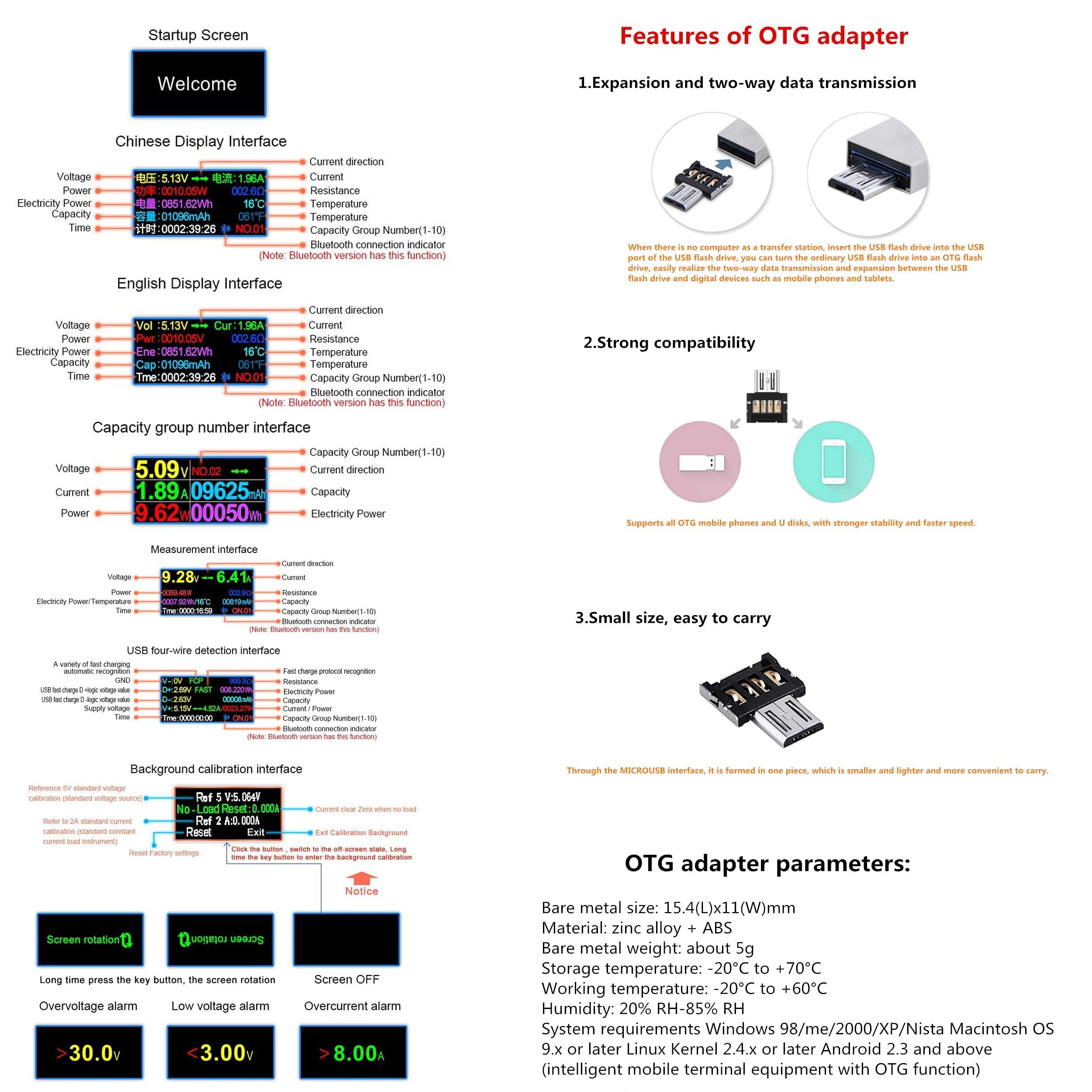 2 in 1USB Tester Messgerät USB C Strommessgerät Anzeige LCD Digital Multimeter Power Meter, Leistungsmessgerät, Spannung Voltmeter, Strom, Kapazität Detektor, USB Kabel TesterDC3.6-30V/0-5.1A