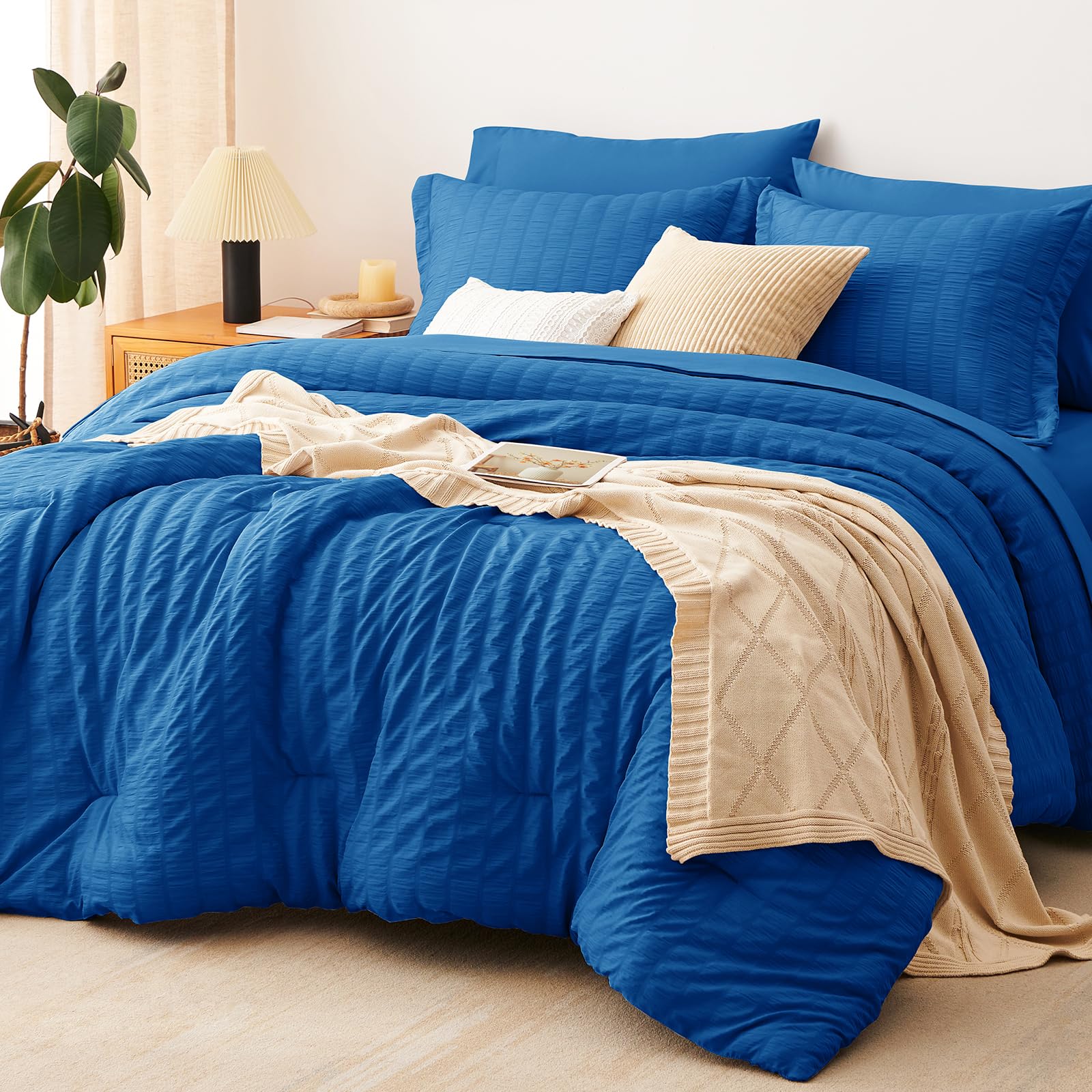 CozyLux Full Comforter Sets, 7 Pieces Classic Blue Seersucker Bed in a Bag