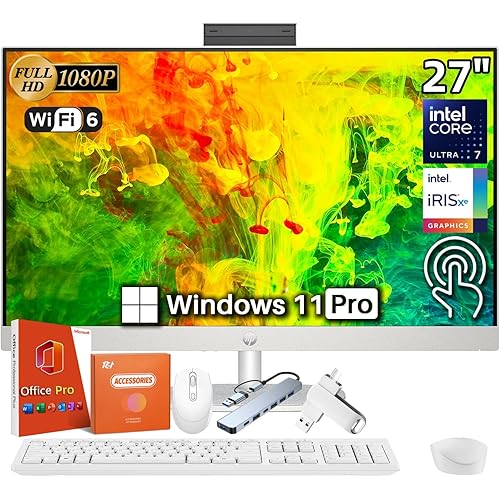 HP 27" Touchscreen All in One Desktop Computer 2025, Intel 12-Core Ultra 7 155U (Up to 4.8GHz), 27 inch FHD Anti-Glare Display, 32 GB DDR5, 2 TB SSD, Windows 11 Pro, Accessories, Shell White