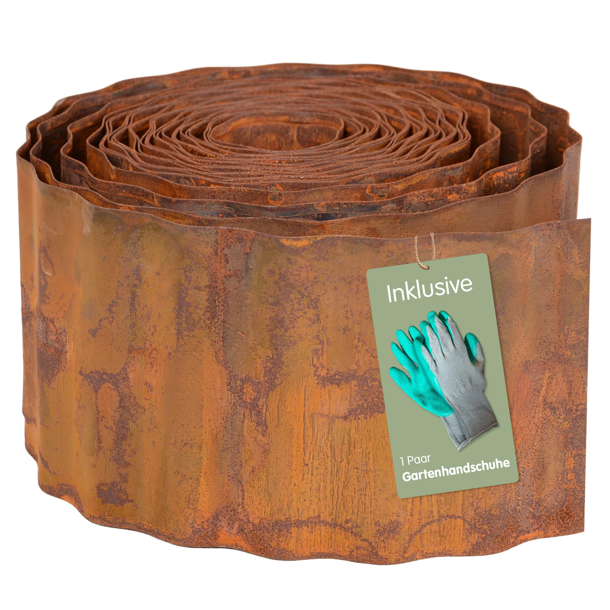 UNUS Rasenkante aus Cortenstahl 10 m x 10 cm Flexible Beetumrandung in Rostoptik wetterfeste Metall Beeteinfassung für Garten, Beet, Rasen und Wege inkl. Handschuhe