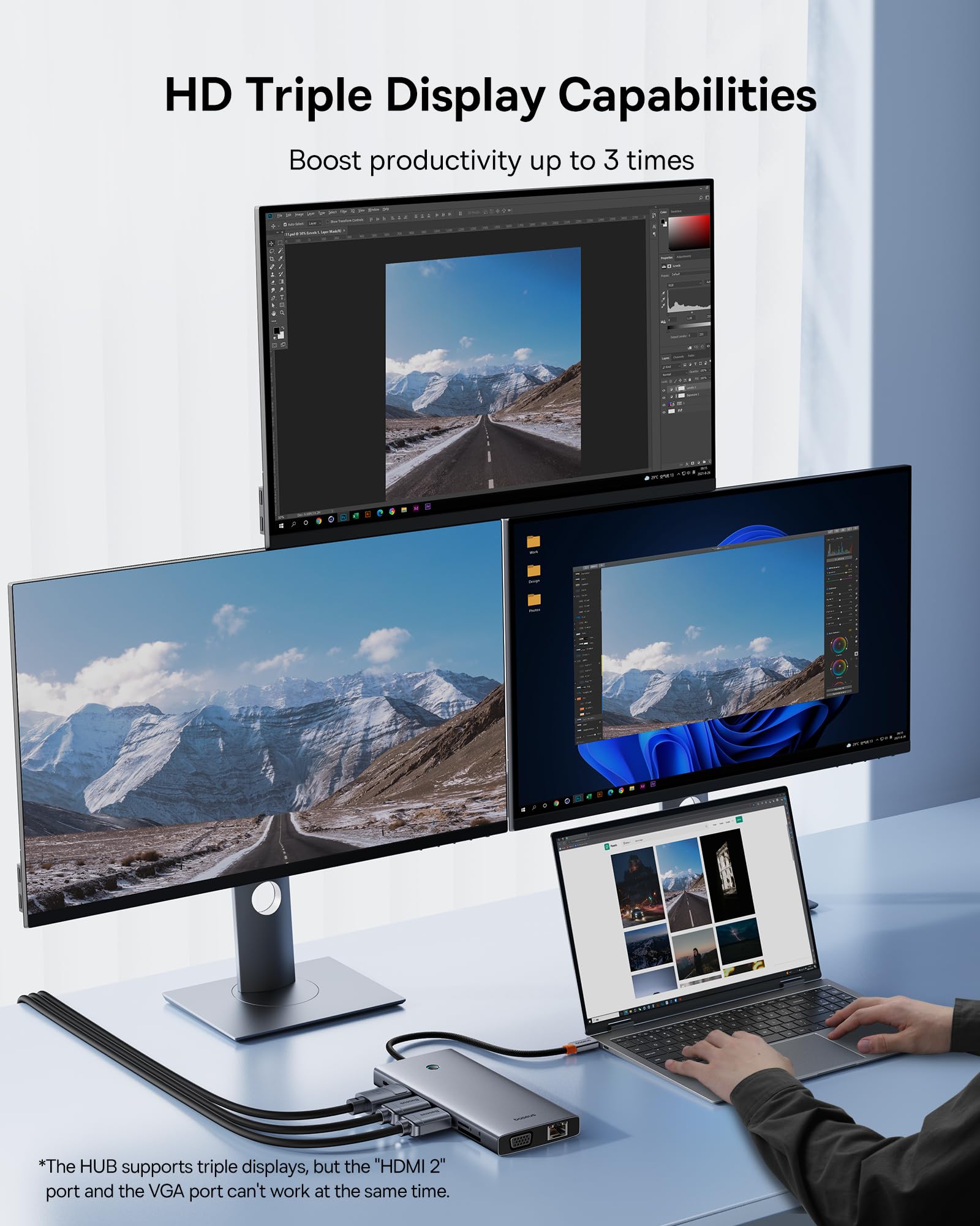 【Zoptymalizowana pod kątem chipów】Baseus stacja dokująca USB C, 3 monitory, koncentrator 13 w 1 USB C z 2 HDMI 4K 60 Hz, DisplayPort 4K 60 Hz, VGA, USB 3.1 10 Gb/s, PD 100 W i Ethernet do laptopów
