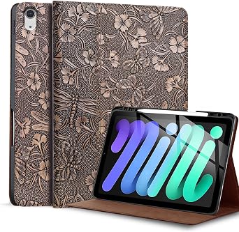 Gexmil Genuine Leather Case for iPad mini 7 A17 Pro 2024 / iPad mini 6 Generation 2021 8.3 Inch,Pencil Holder,Shockproof Cowhide Cover,Auto Sleep/Wake,Pencil 2 Wireless Charging,Butterfly Pattern
