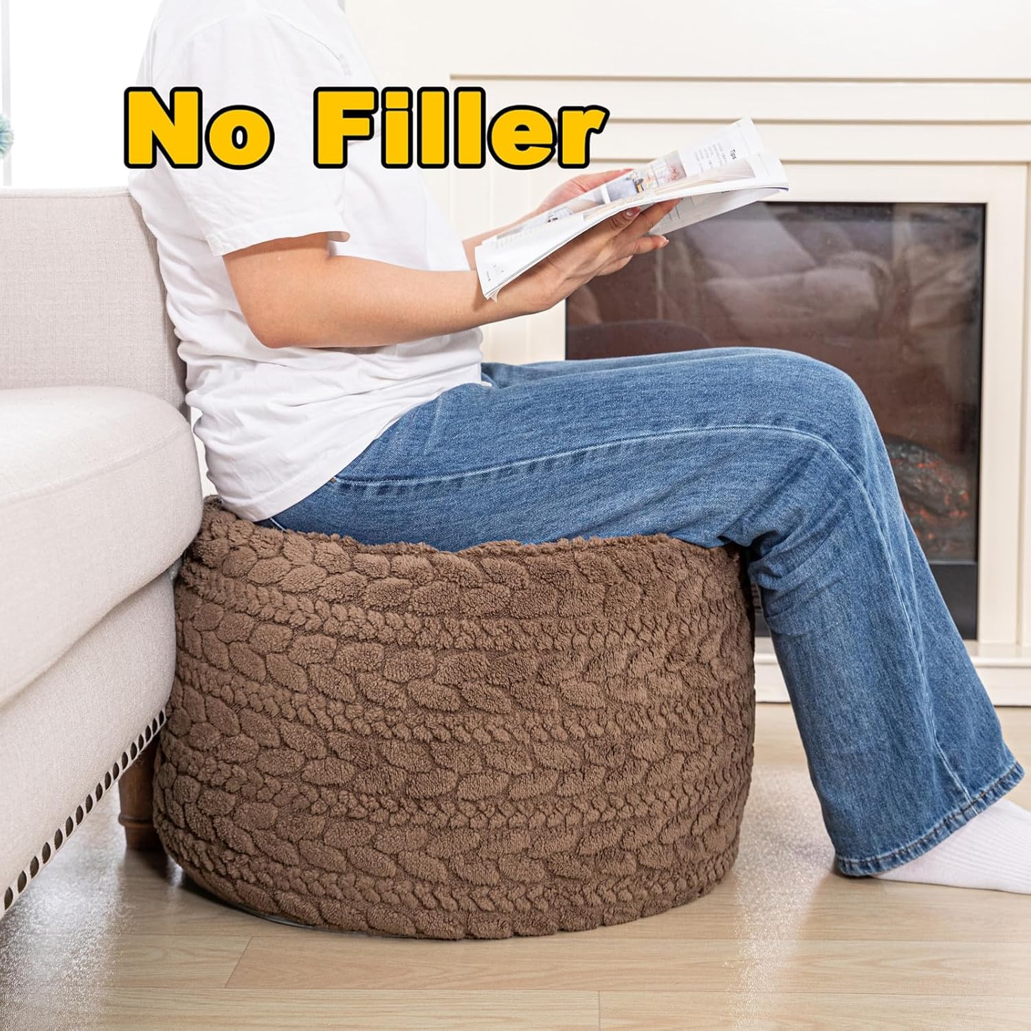 Poofieotto Unstuffed Ottoman Pouf Cover – Round Faux Fur Footstool Plush Floor Pouf (No Filler Included) Perfect for Living Room, Bedroom, or Office Lounge (Coffee, 26x26x18 in)