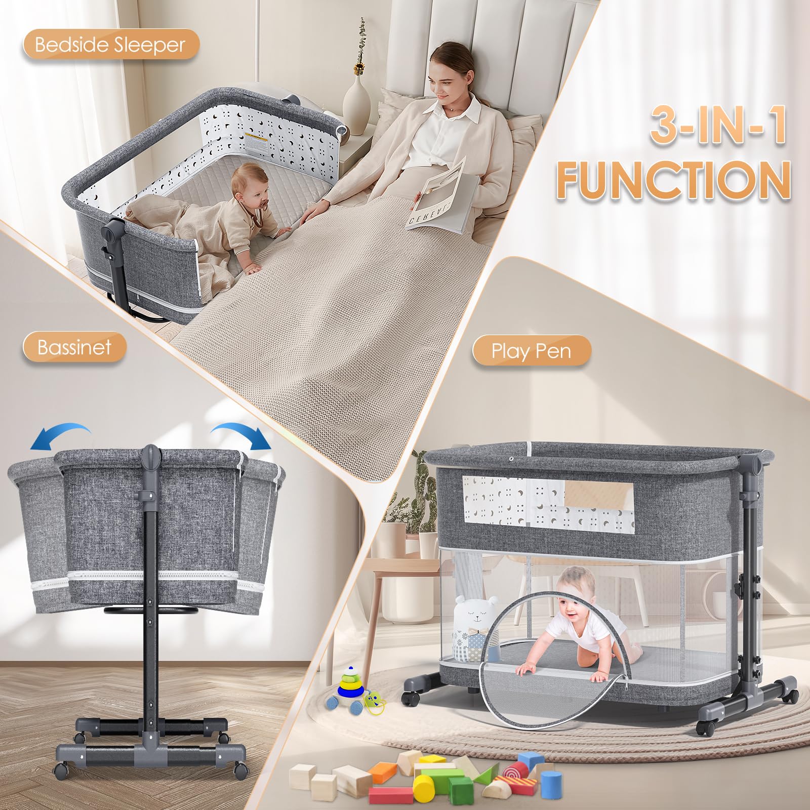 Culla per bambini, culla 3 in 1 per neonati 6 mesi, box per neonati con 4 piedini autobloccanti e altezza regolabile, materasso in rete traspirante, facile da montare e pieghevole, capacità 15 kg