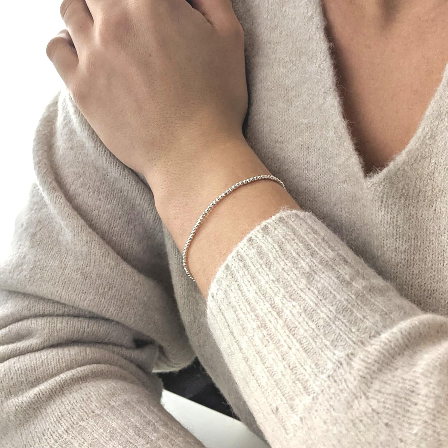 Silverly 925 Sterling Silver Stretch Bead Bracelet - Friendship Polished Tiny Ball Beaded Bracelets for Women - Stacker Elastic String Bracelets for Ladies - Friend Gifts