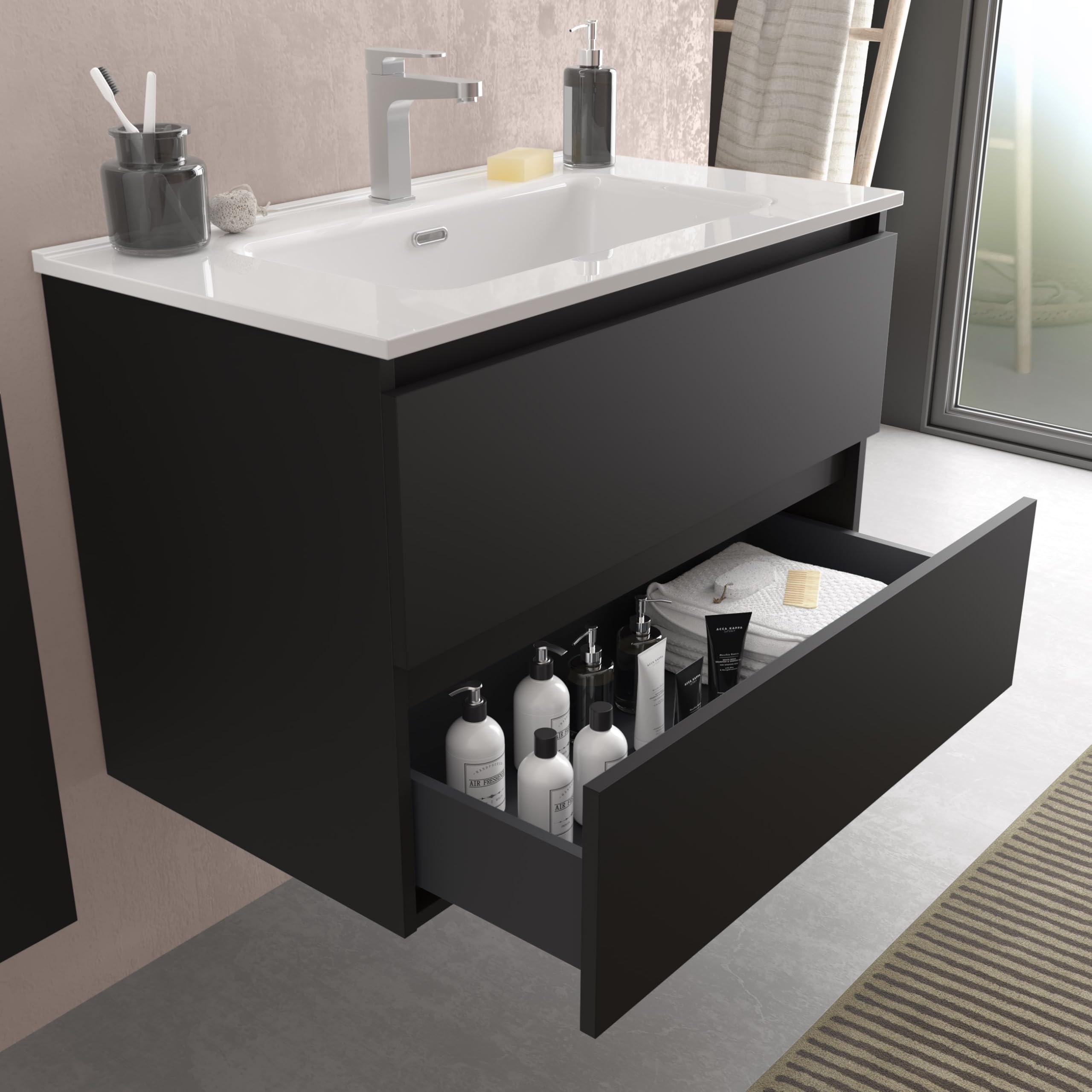Mueble de baño Bequia 60 cm con Lavabo 100% montado de fábrica | Acabado Negro Mate suspendido 2 cajones Cierre amortiguado Apertura con uñero | Lavabo Porcelana Blanca | Marca Salgar