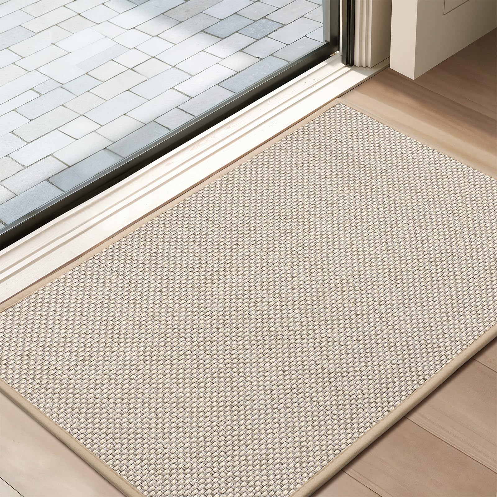 Door Mat 45 x 75 cm, Dirt Trapper Door Matts Indoor Non Slip Low Profile Door Mats Outdoor Washable Entrance Rug Easy To Clean Floor Mat for Entryway Patio Pets Muddy Shoes & Paws, Khaki-image-0