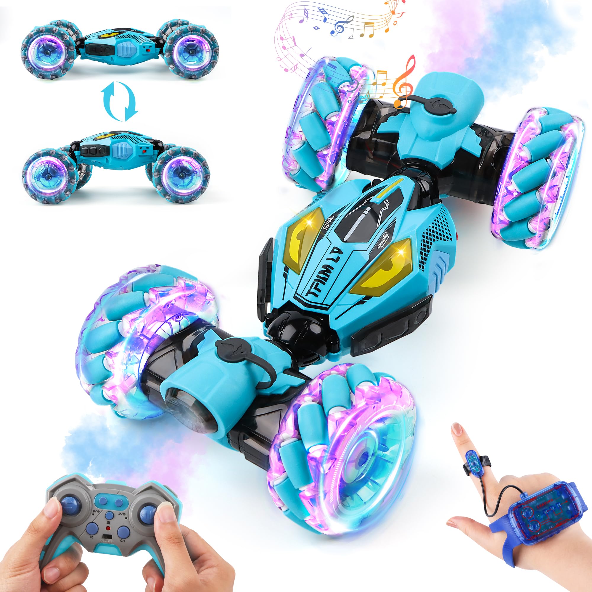 Gesture Sensing RC Stunt Car - Boys Toys Age 6-12 Year Old for Birthday Gifts, 2.4GHz 4WD Remote Control Toy with Dual Spray, All-Terrain Off-Road Vehicle with Lights & Music