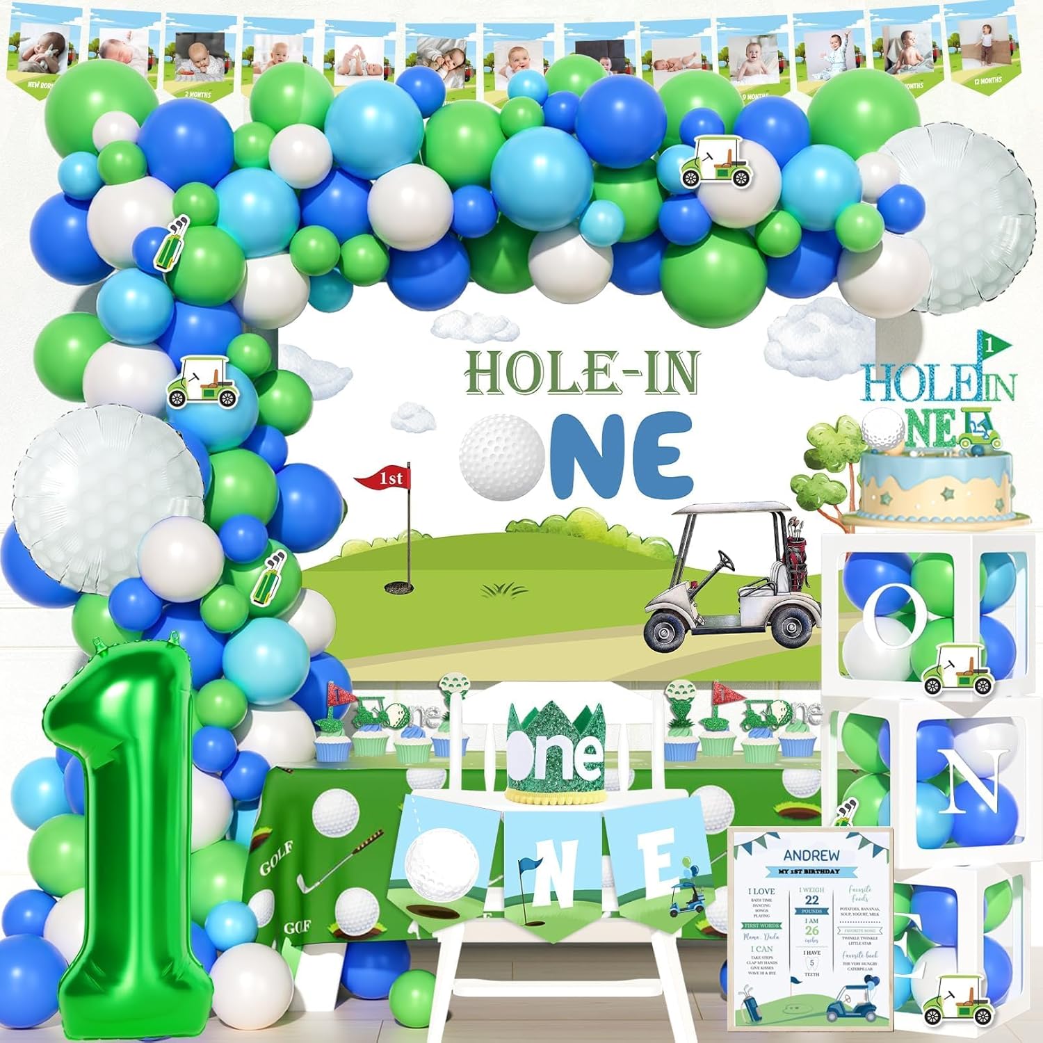 Hole In One First Birthday Decorations, Golf Themed Party Kit with Backdrop, Banner, Tablecloth, Cake & Cupcake Toppers, Balloons, Cutouts, Crown, Poster for One Year Old Birthday Boy