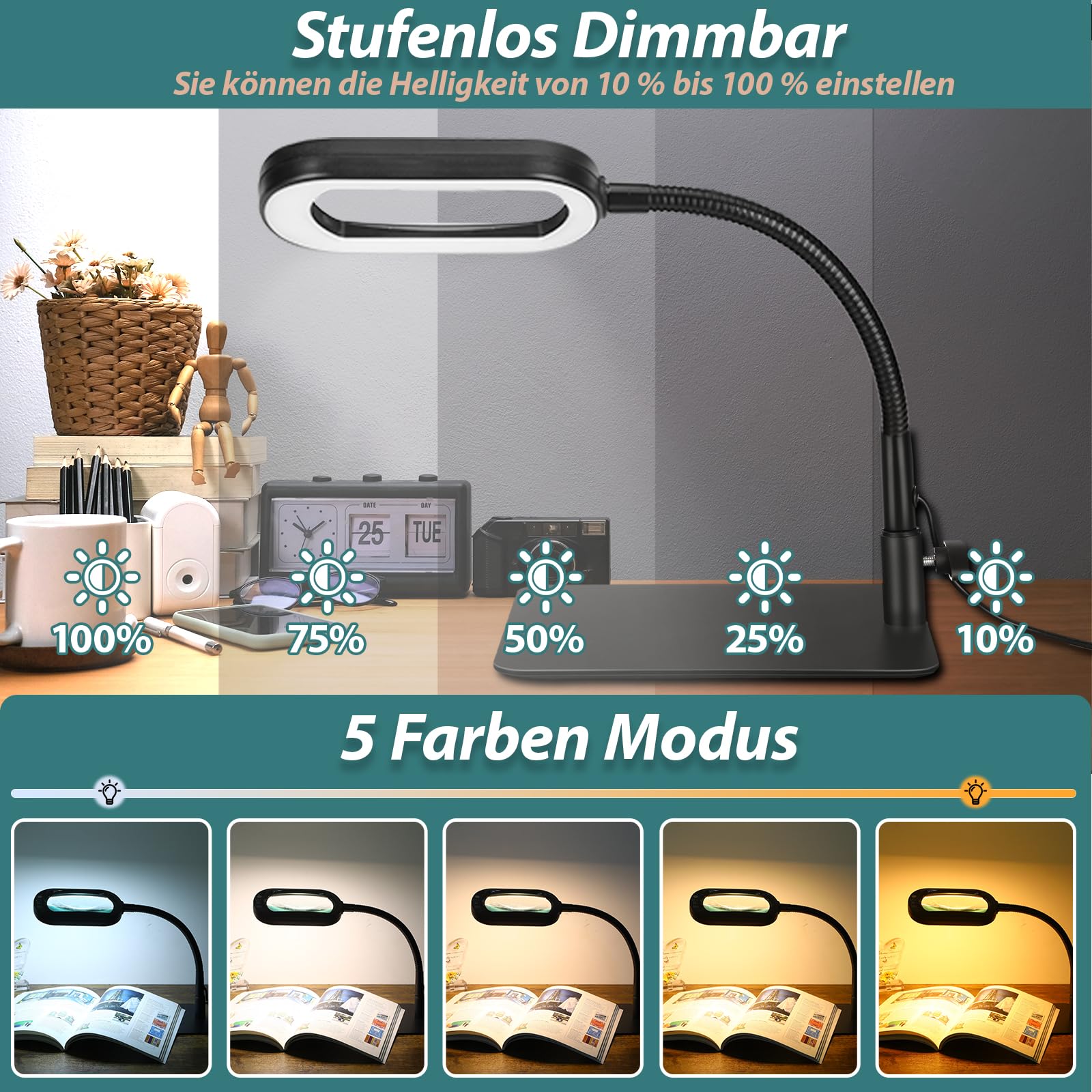 Drdefi 10X Rectangle Lupe mit Licht und Ständer, Echtes Glas Lupenlampe, 5 Farbmodi Stufenlos Dimmbar, Flexible Schwanenhals LED Beleuchtete Schreibtischlampe, Freihändige Lupenleuchte für Lesen Hobby