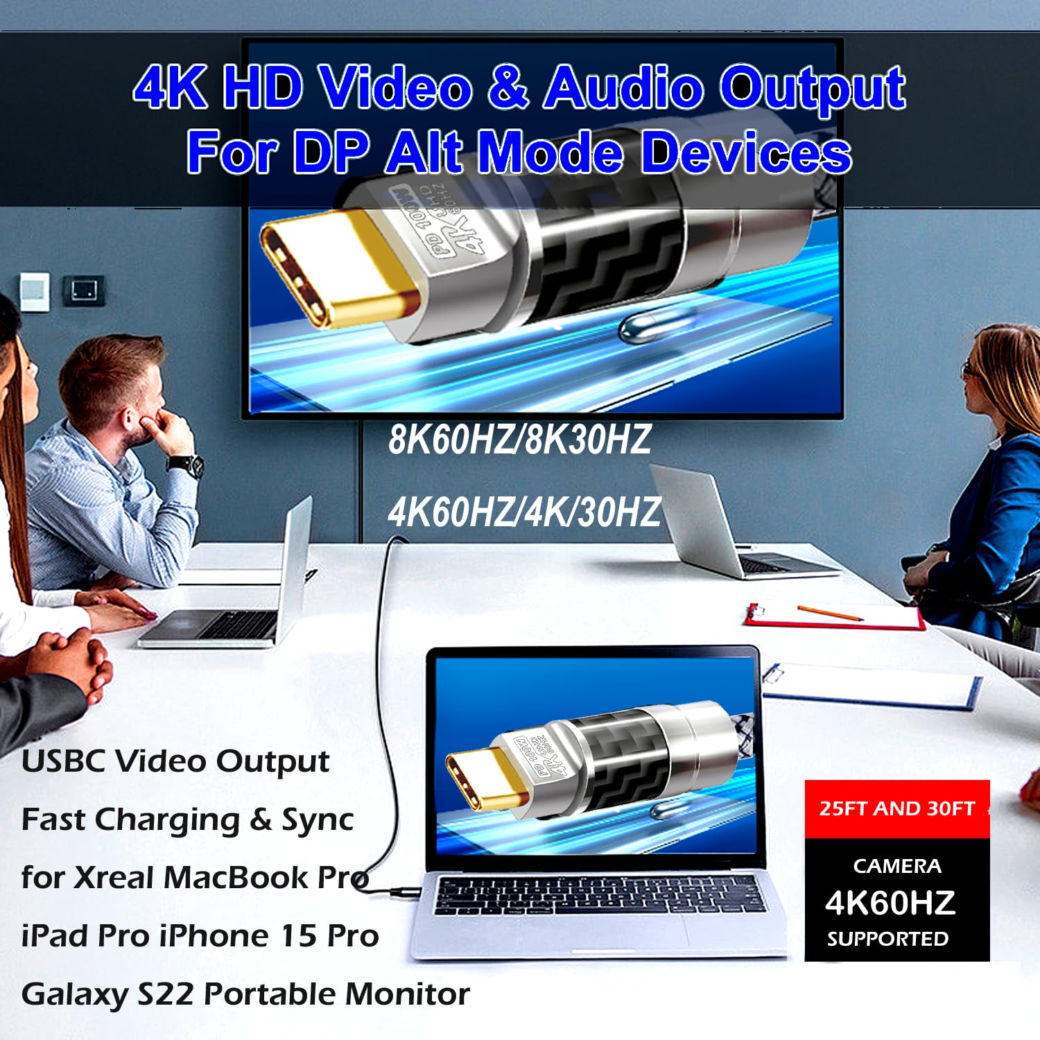 Cavo da tipo C a C, 45 m, ricarica rapida 4K a 60 Hz, 100 W, in fibra di carbonio intrecciata, trasferimento dati ad alta velocità per monitor portatili Xreal MacBook Pro, iPad Pro, iPhone 15