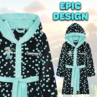 Minecraft Bath Robe for Boys, Teens Hooded Fleece Robe Cozy Loungewear Soft Nightwear Creeper Gamer Gifts for Kids