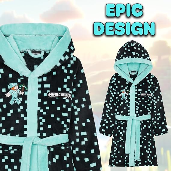 Minecraft Bath Robe for Boys, Teens Hooded Fleece Robe Cozy Loungewear Soft Nightwear Creeper Gamer Gifts for Kids