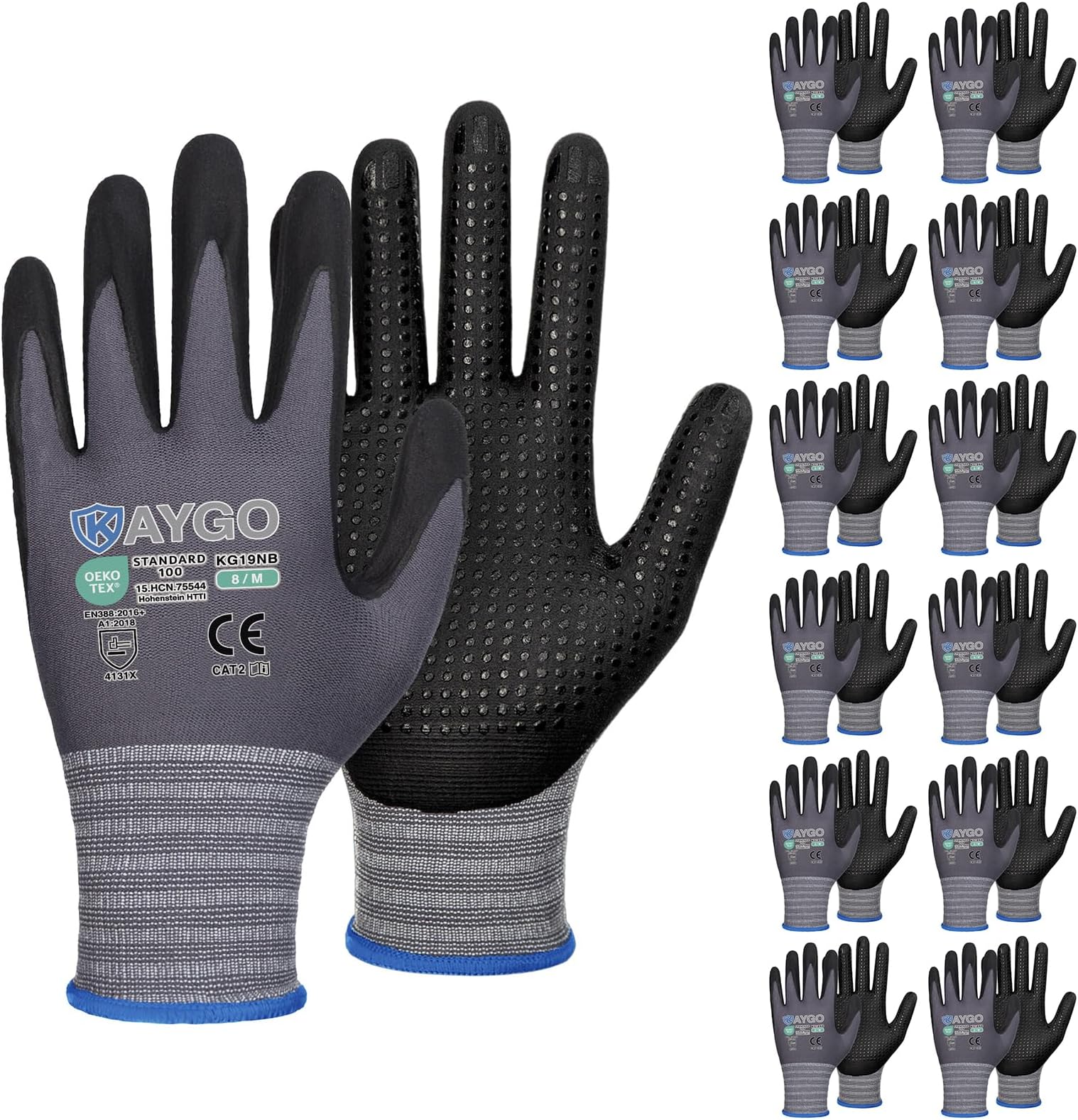 - KAYGO MicroFoam Nitrile Coated Work Gloves, 12 Pairs KG19N Seamless Knit Nylon, Micro Dots for Enhanced Grip, Breathable and Durable, Ideal for Automotive, General Assembly, Painting, Gray, M