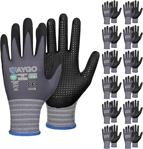 Miniatura 20 de KAYGO MicroFoam - Guantes de trabajo con revestimiento de nitrilo, 12 pares KG19N de nailon de punto sin costuras, micropuntos para un mejor agarre
