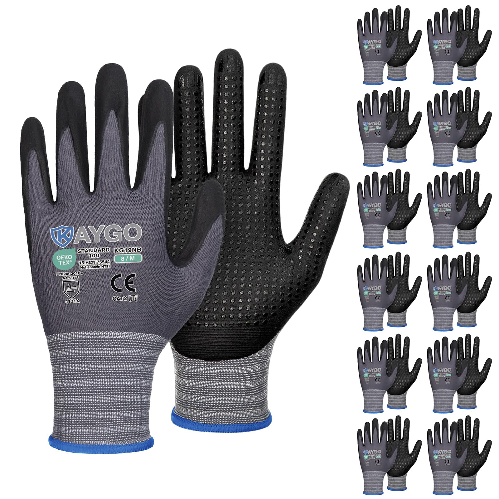 - KAYGO MicroFoam Nitrile Coated Work Gloves, 12 Pairs KG19N Seamless Knit Nylon, Micro Dots for Enhanced Grip, Breathable and Durable, Ideal for Automotive, General Assembly, Painting, Gray, M