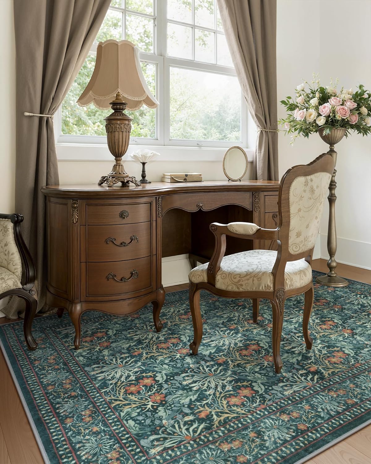Collive 5x7 Area Rugs for Living Room Bedroom, Washable Boho Vintage Floral William Morris Botanical Rug, Soft Non Slip Low Pile Stain Resistant Carpet for Dining Room Office, Teal