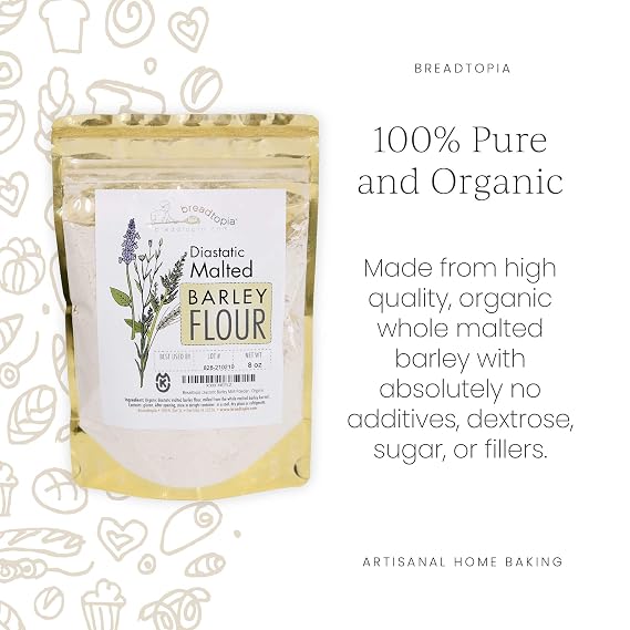 Breadtopia Organic Diastatic Malt Powder 8 oz. | Non-GMO Malted Barley Flour | No Additives, No Sugar, No Fillers | Milled from Whole Malted Barley Kernel |