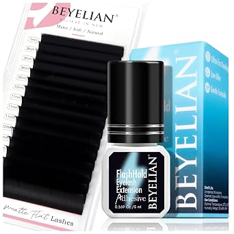 BEYELIAN Sensitive Eyelash Extension Glue 0.17fl.oz/5ml / 0.5Sec Drying Time/Retention 7-8 Weeks,Flat Eyelash Extension, Ellipse Lash Extensions 0.15 C Curl 7-15mm 16 Rows